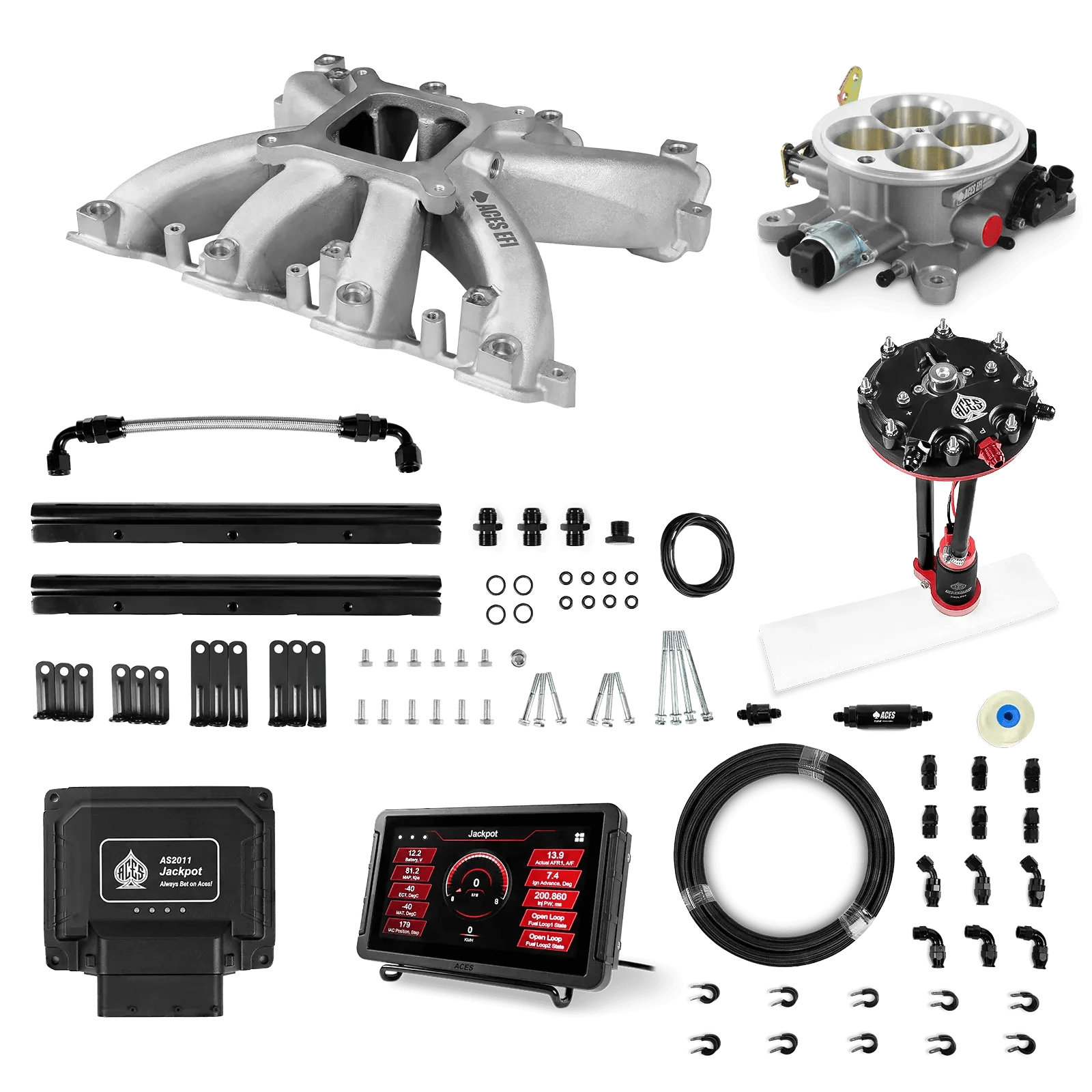 Aces Fuel Injection Jackpot LS - DBC & Manual Trans / 800 HP Mid-Rise Intake (Cast Finish) / Rectangle Port Jackpot LS EFI System - Master Kit with Tank Conversion Pump Module with Internal Regulator + 20' PTFE Hose Kit