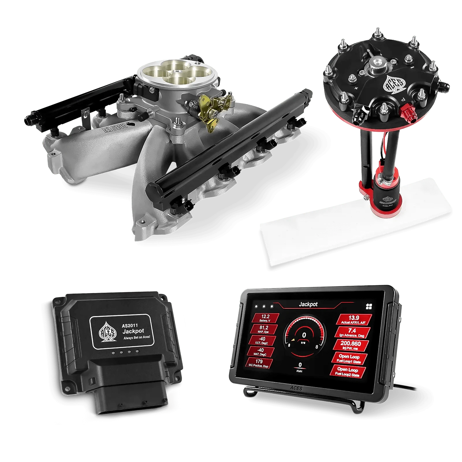 Aces Fuel Injection Jackpot LS - DBC & Manual Trans / 800 HP Mid-Rise Intake (Cast Finish)ZZ / Cathedral Port Jackpot LS EFI System - Master Kit with Tank Conversion Pump Module with Internal Regulator