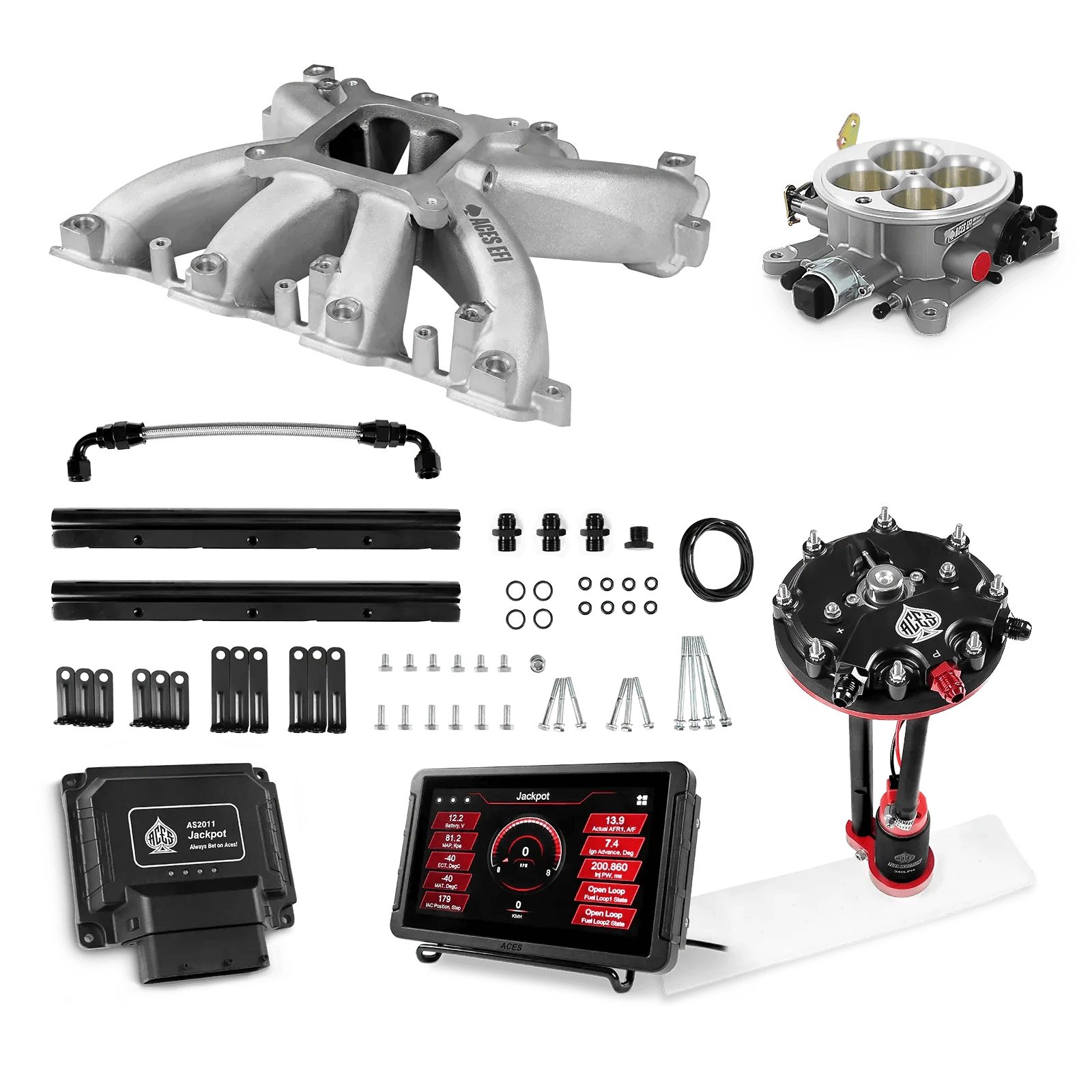 Aces Fuel Injection Jackpot LS - DBC & Manual Trans / 800 HP Mid-Rise Intake (Cast Finish)ZZ / Rectangle Port Jackpot LS EFI System - Master Kit with Tank Conversion Pump Module with Internal Regulator