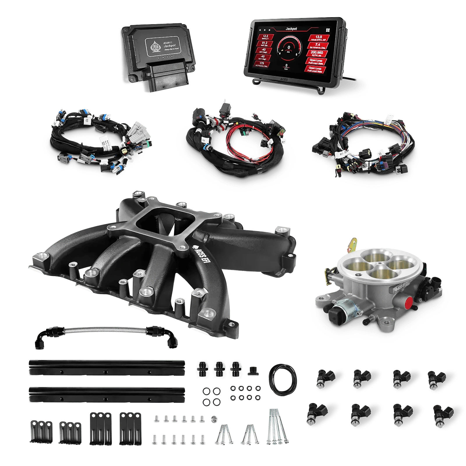 Aces Fuel Injection, Inc. Jackpot LS - DBC & Manual Trans / Rectangle Port / Mid-Rise (black/cast) Jackpot LS EFI System - Top End Kit (500 HP)