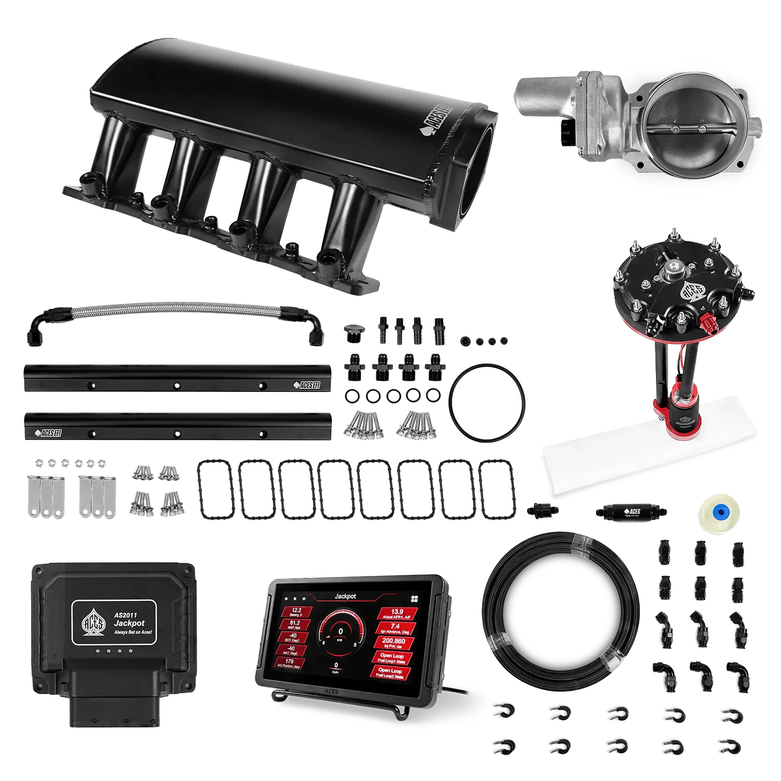 Aces Fuel Injection Jackpot LS EFI System - Master Kit with Tank Conversion Pump Module with Internal Regulator + 20' PTFE Hose Kit