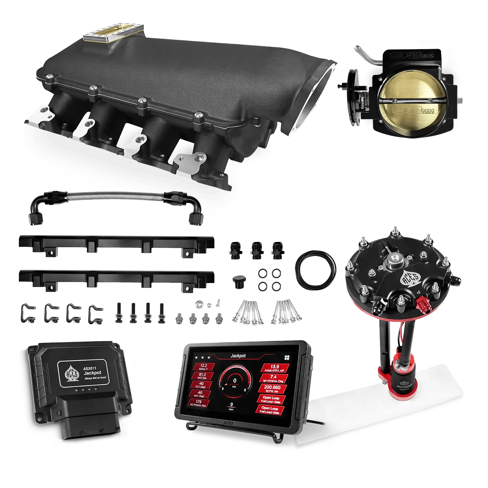 Aces Fuel Injection Jackpot Pro LS - DBC & Trans Control / 500 HP LS1/LS2/LS6 Lo-Ram Intake (Black) / Cathedral Port Jackpot LS EFI System - Master Kit with Tank Conversion Pump Module with Internal Regulator