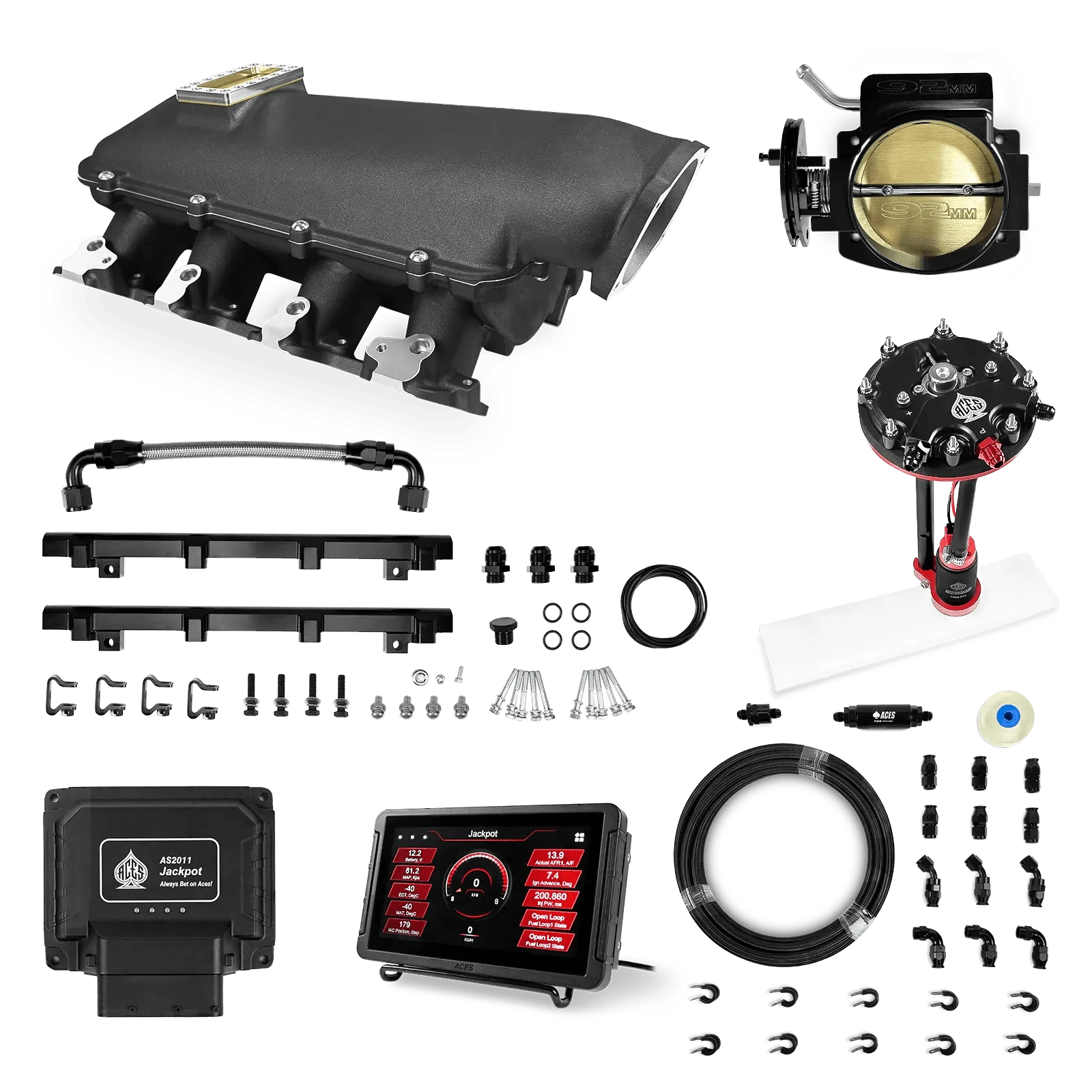 Aces Fuel Injection Jackpot Pro LS - DBC & Trans Control / 500 HP LS1/LS2/LS6 Lo-Ram Intake (Black) / Cathedral Port Jackpot LS EFI System - Master Kit with Tank Conversion Pump Module with Internal Regulator + 20' PTFE Hose Kit