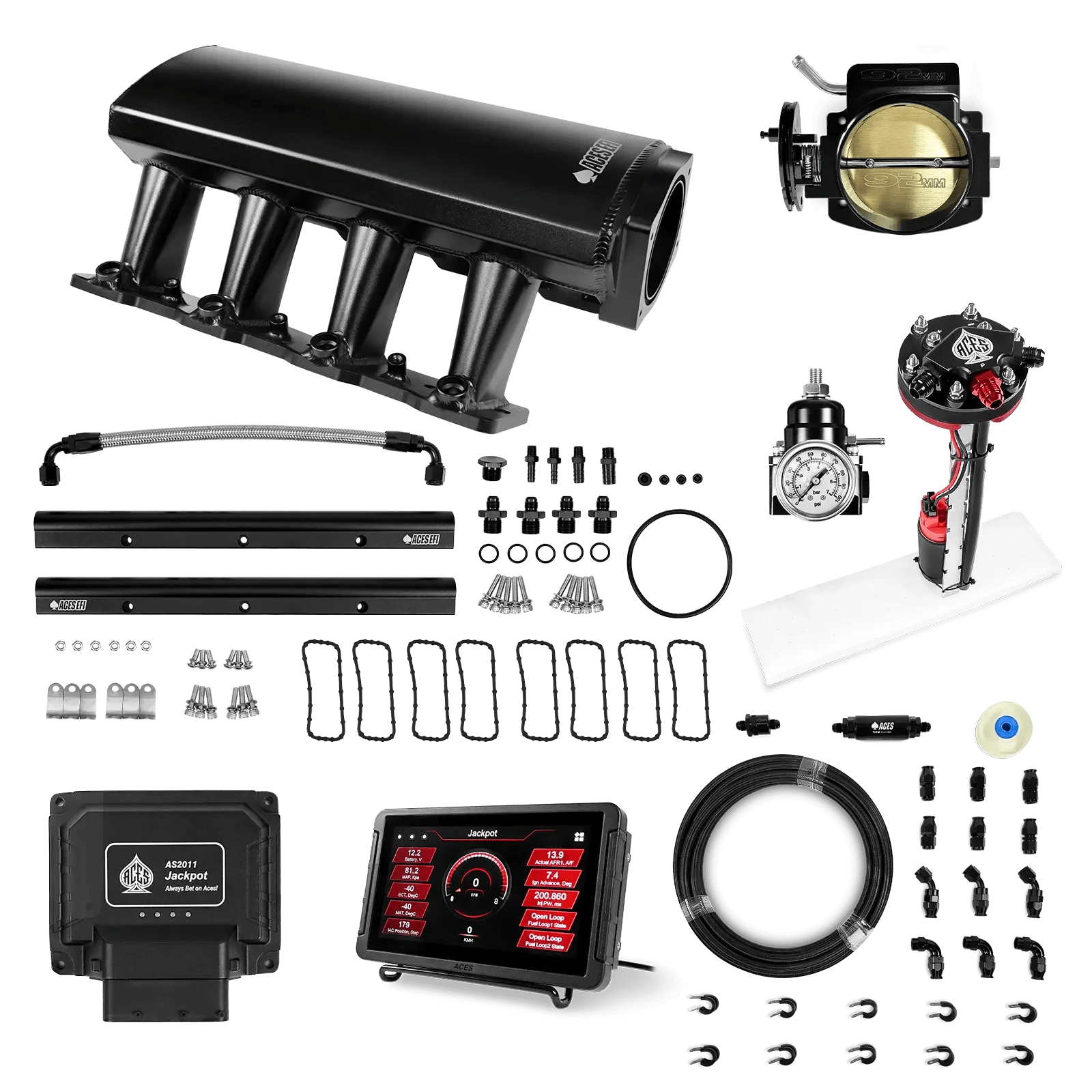 Aces Fuel Injection Jackpot Pro LS - DBC & Trans Control / 500 HP LS1/LS2/LS6 Tall Fabricated Intake / Cathedral Port Jackpot LS EFI System - Master Kit with Tight Fit In-Tank Pump Module + 40' PTFE Hose Kit