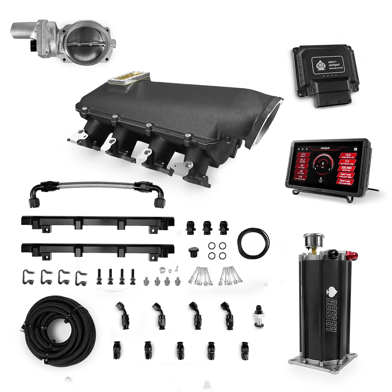 Aces Fuel Injection Jackpot Pro LS - DBW & Manual Trans / 500 HP LS1/LS2/LS6 Lo-Ram Cast Intake (Black) / Cathedral Port Jackpot LS EFI System - Master Kit with Command Center 2 Surge Tank