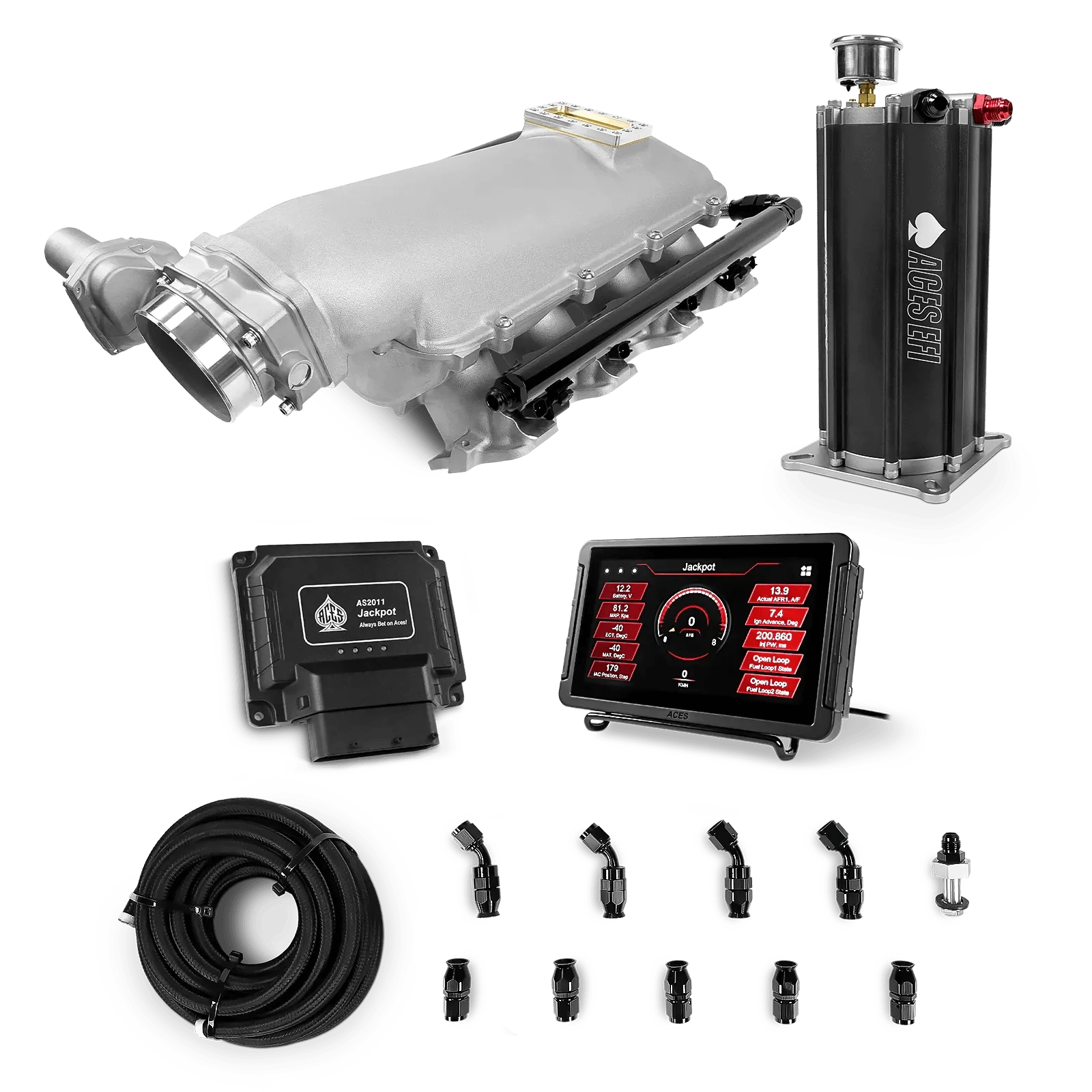 Aces Fuel Injection Jackpot Pro LS - DBW & Manual Trans / 500 HP LS1/LS2/LS6 Lo-Ram Cast Intake (Cast Finish) / Cathedral Port Jackpot LS EFI System - Master Kit with Command Center 2 Surge Tank