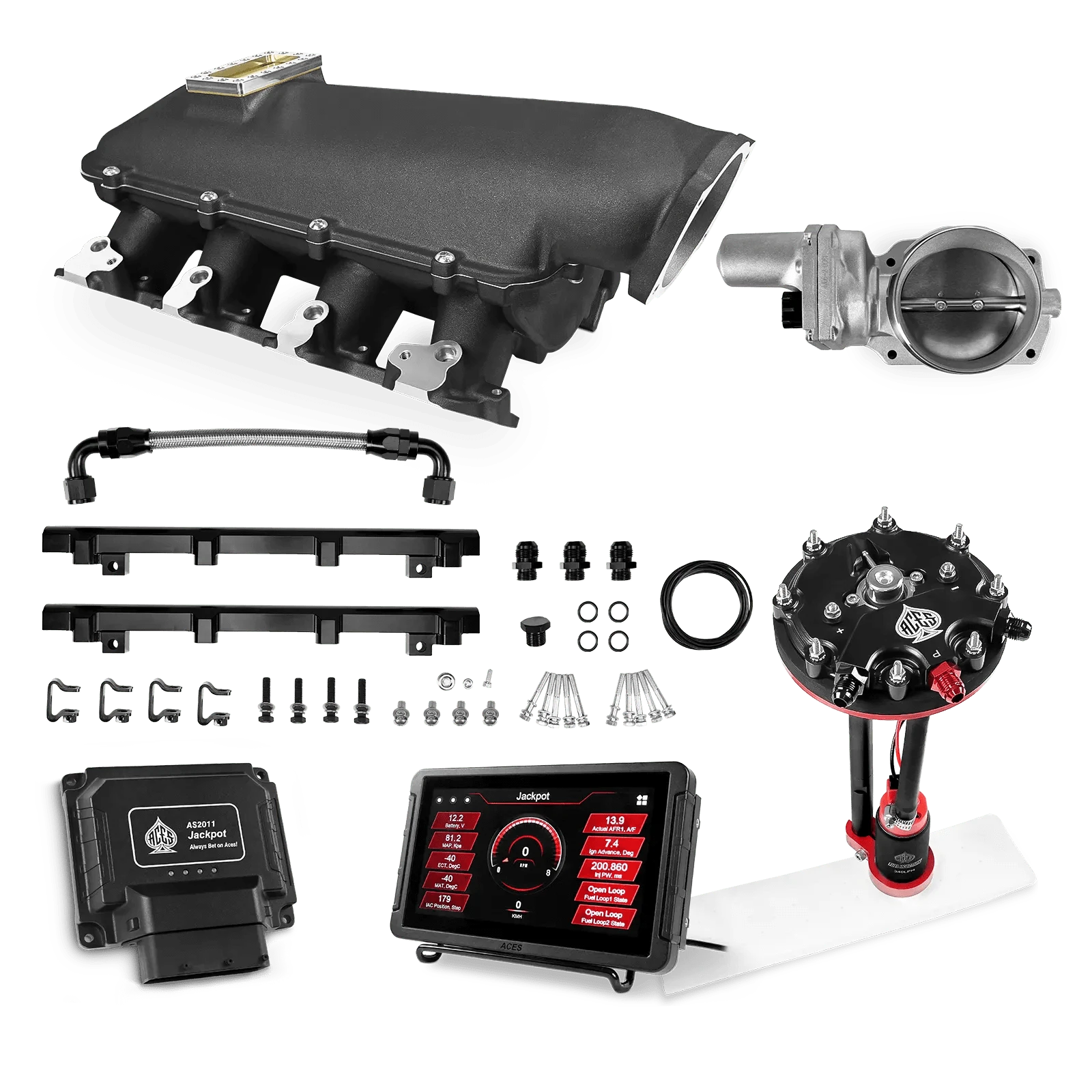 Aces Fuel Injection Jackpot Pro LS - DBW & Manual Trans / 500 HP LS1/LS2/LS6 Lo-Ram Intake (Black) / Cathedral Port Jackpot LS EFI System - Master Kit with Tank Conversion Pump Module with Internal Regulator