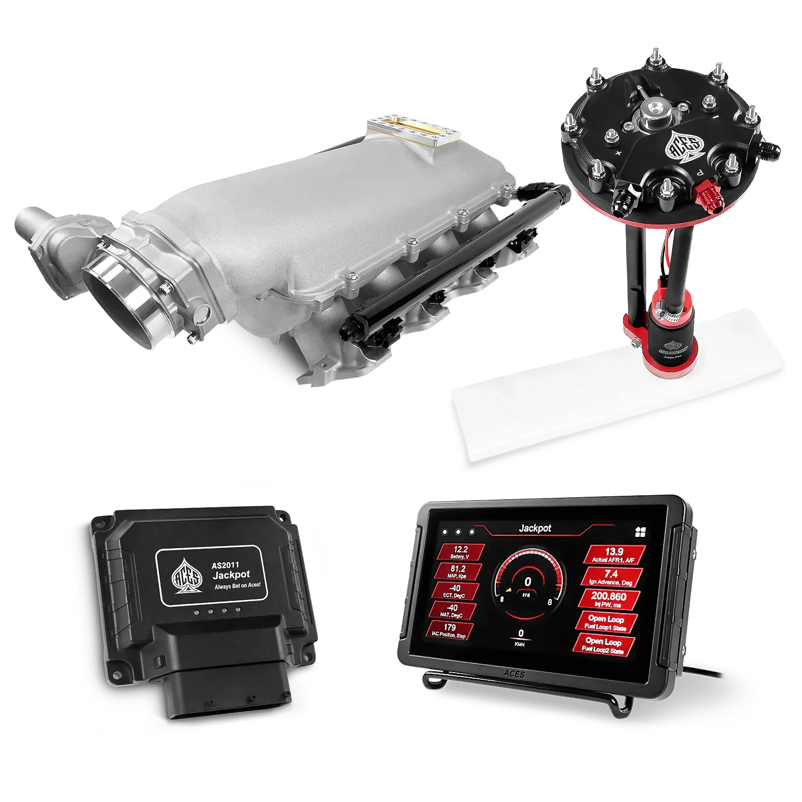 Aces Fuel Injection Jackpot Pro LS - DBW & Manual Trans / 500 HP LS1/LS2/LS6 Lo-Ram Intake (Cast Finish) / Cathedral Port Jackpot LS EFI System - Master Kit with Tank Conversion Pump Module with Internal Regulator