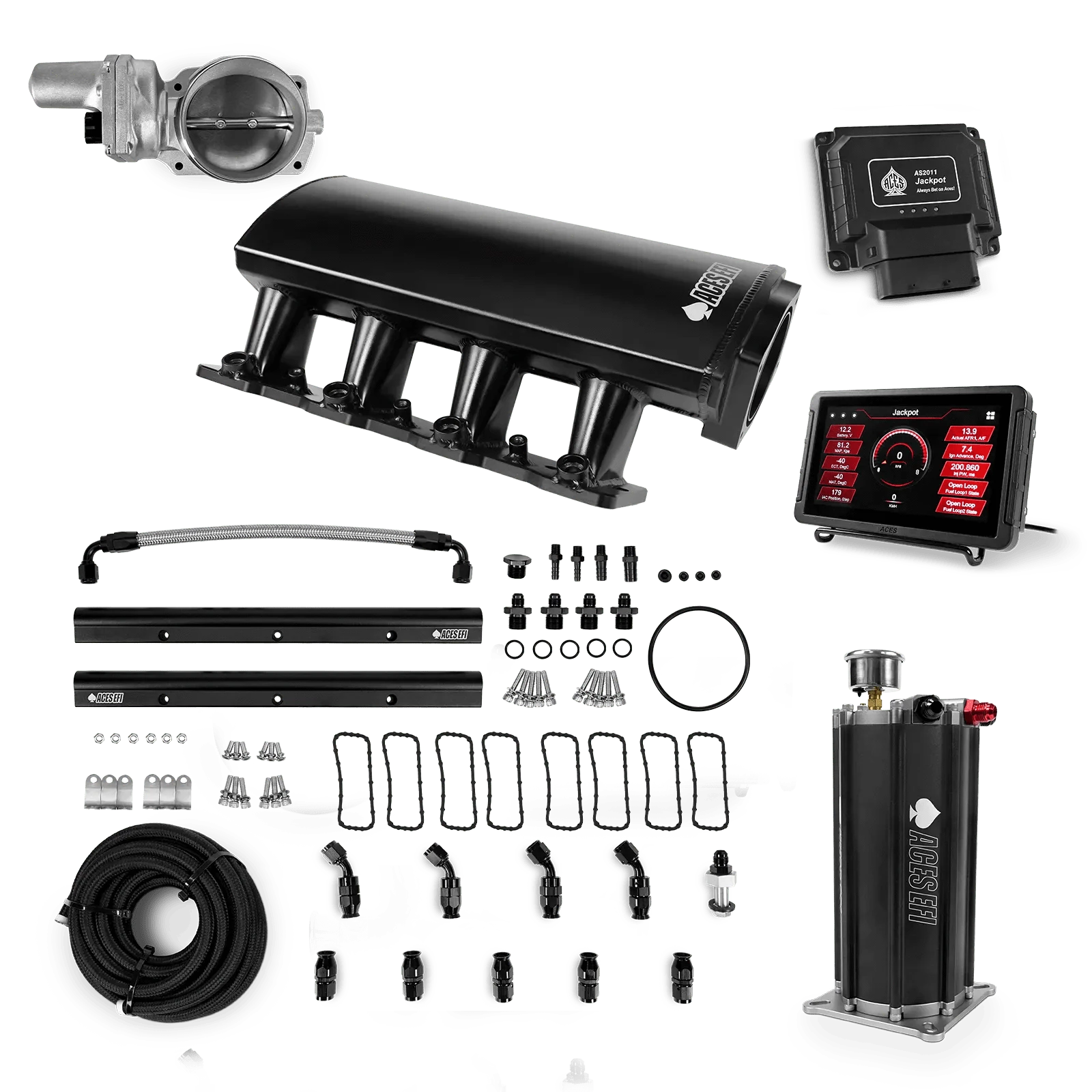 Aces Fuel Injection Jackpot Pro LS - DBW & Manual Trans / 500 HP LS1/LS2/LS6 Short Fabricated Intake / Cathedral Port Jackpot LS EFI System - Master Kit with Command Center 2 Surge Tank