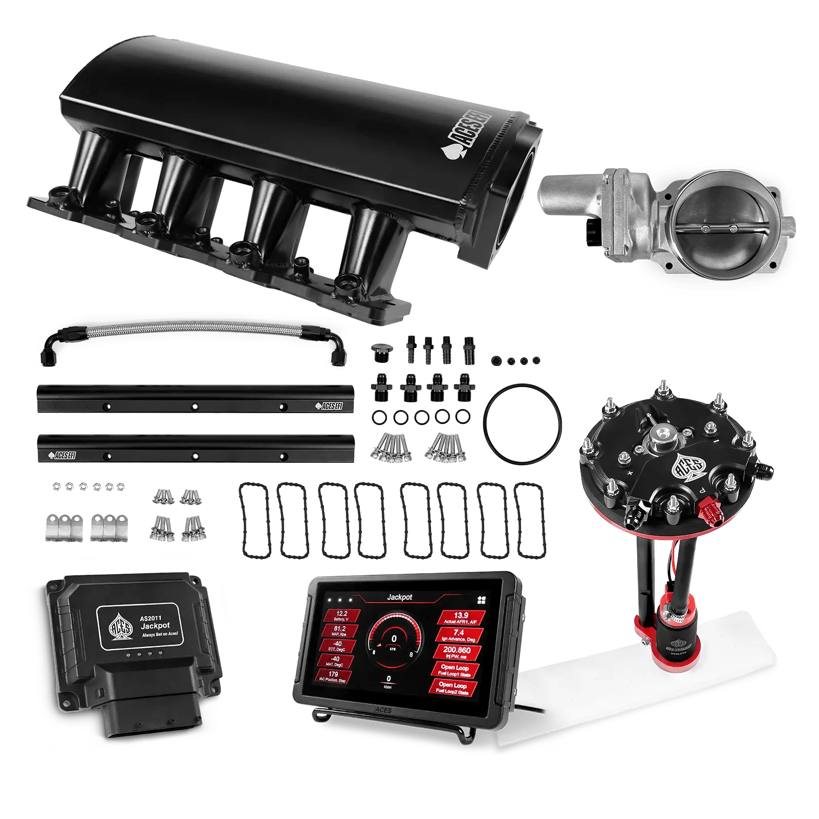 Aces Fuel Injection Jackpot Pro LS - DBW & Manual Trans / 500 HP LS1/LS2/LS6 Short Fabricated Intake / Cathedral Port Jackpot LS EFI System - Master Kit with Tank Conversion Pump Module with Internal Regulator
