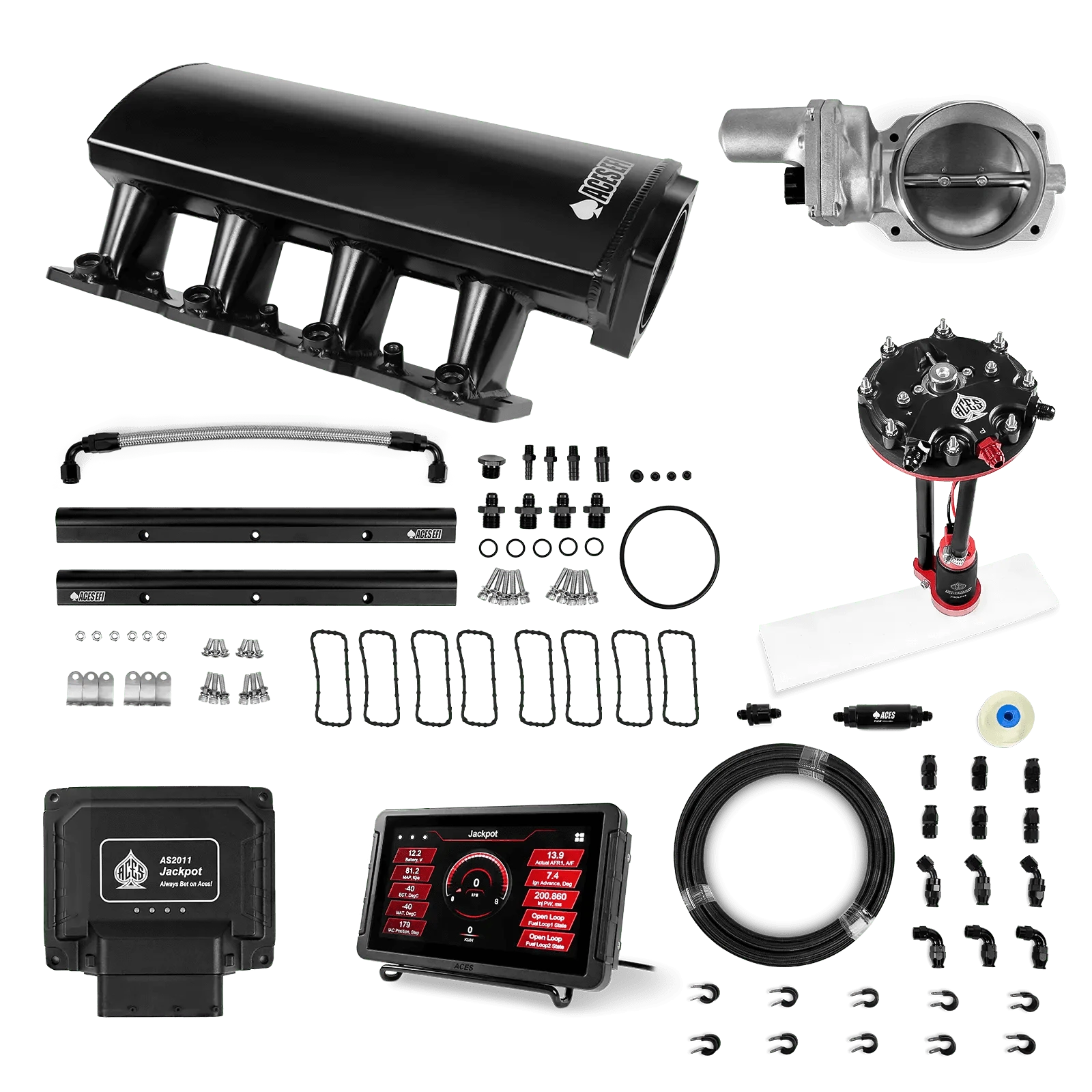 Aces Fuel Injection Jackpot Pro LS - DBW & Manual Trans / 500 HP LS1/LS2/LS6 Short Fabricated Intake / Cathedral Port Jackpot LS EFI System - Master Kit with Tank Conversion Pump Module with Internal Regulator + 20' PTFE Hose Kit