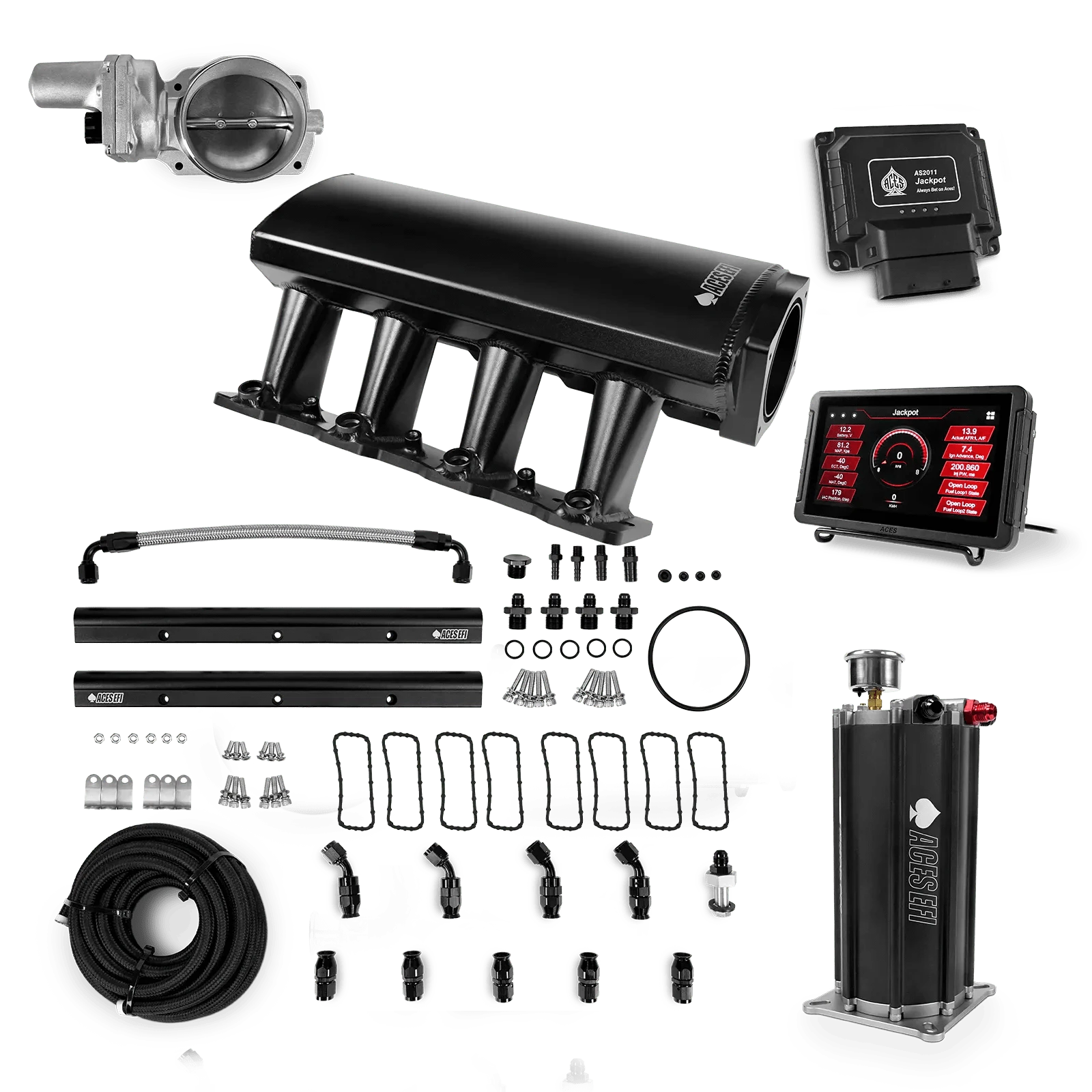 Aces Fuel Injection Jackpot Pro LS - DBW & Manual Trans / 500 HP LS1/LS2/LS6 Tall Fabricated Intake / Cathedral Port Jackpot LS EFI System - Master Kit with Command Center 2 Surge Tank
