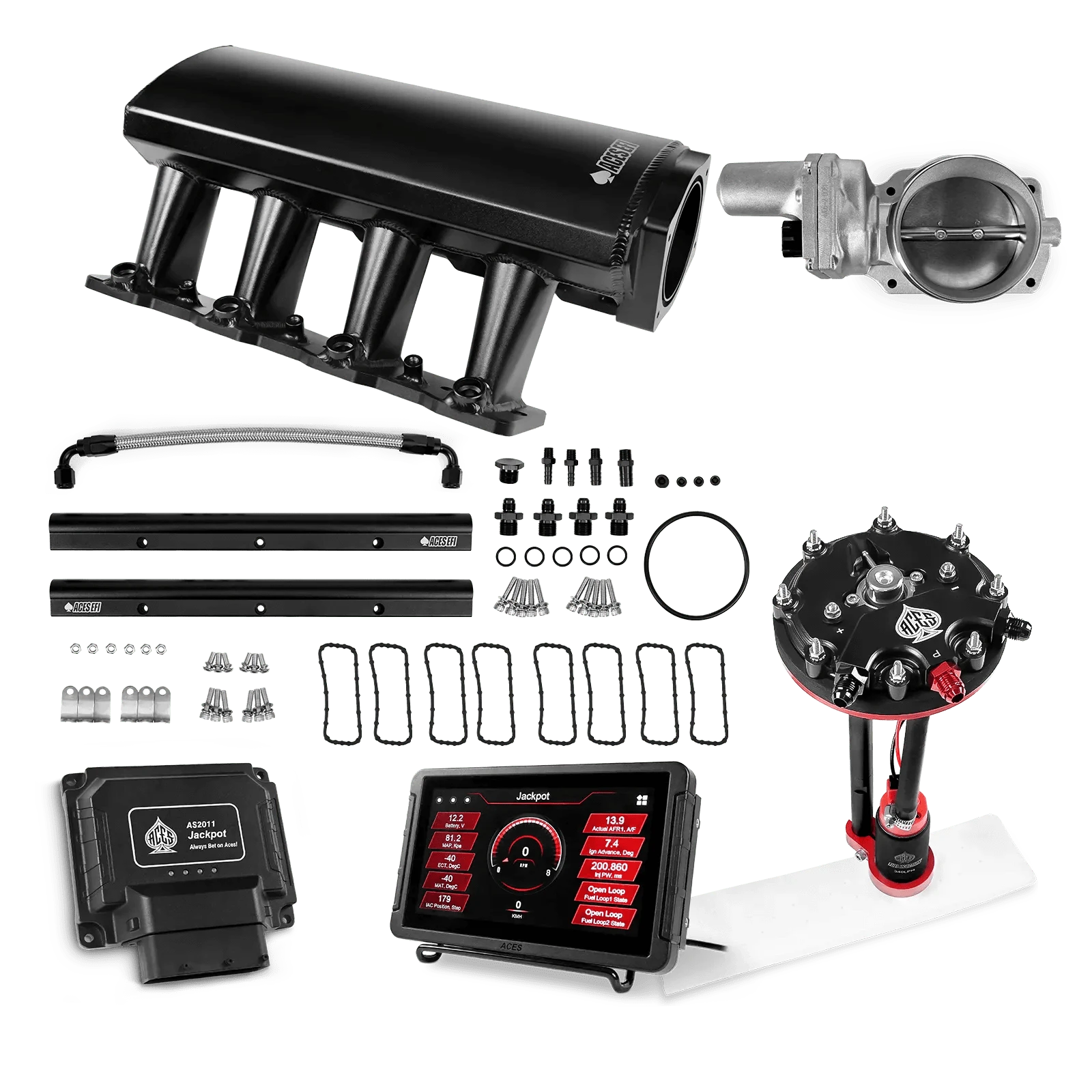 Aces Fuel Injection Jackpot Pro LS - DBW & Manual Trans / 500 HP LS1/LS2/LS6 Tall Fabricated Intake / Cathedral Port Jackpot LS EFI System - Master Kit with Tank Conversion Pump Module with Internal Regulator