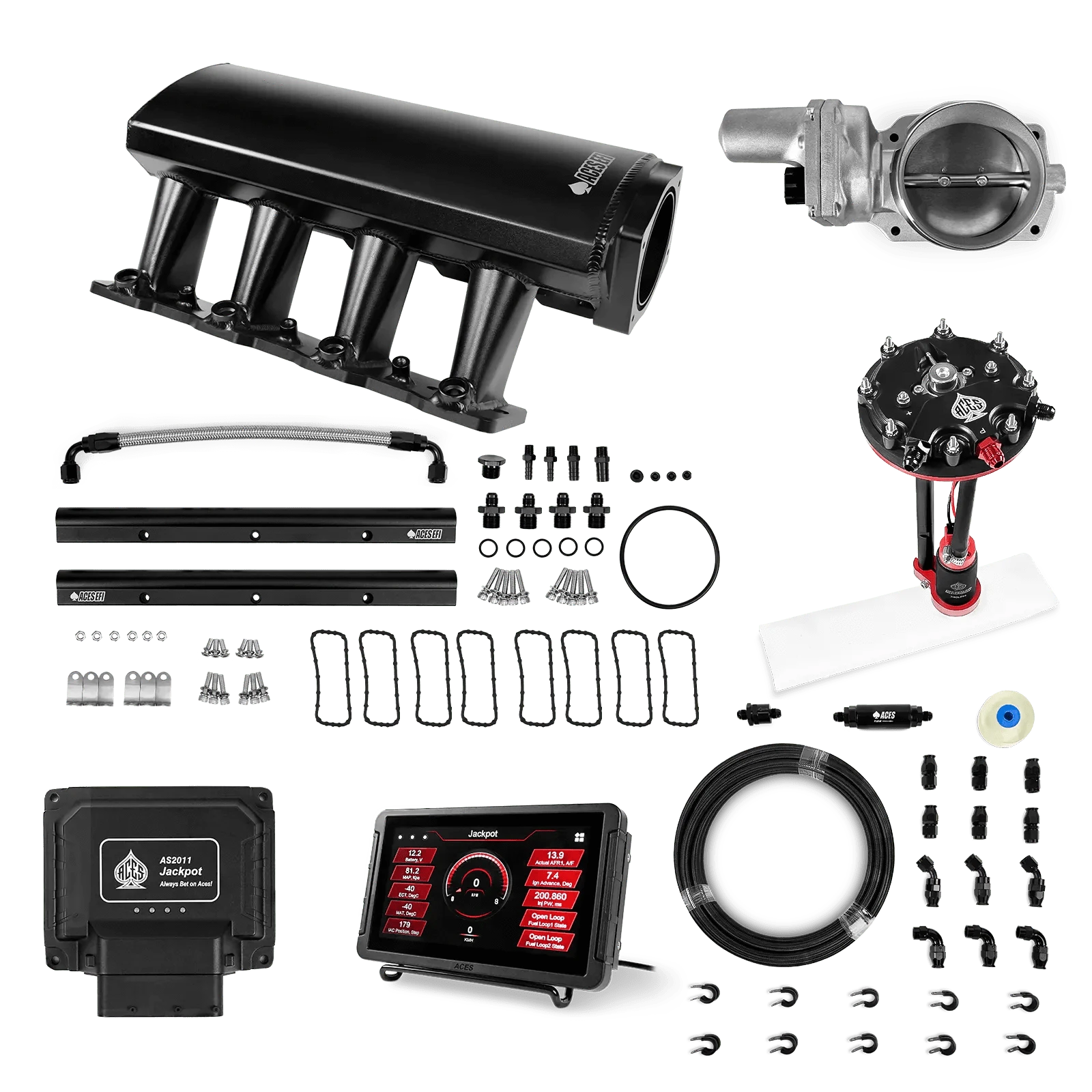 Aces Fuel Injection Jackpot Pro LS - DBW & Manual Trans / 500 HP LS1/LS2/LS6 Tall Fabricated Intake / Cathedral Port Jackpot LS EFI System - Master Kit with Tank Conversion Pump Module with Internal Regulator + 20' PTFE Hose Kit