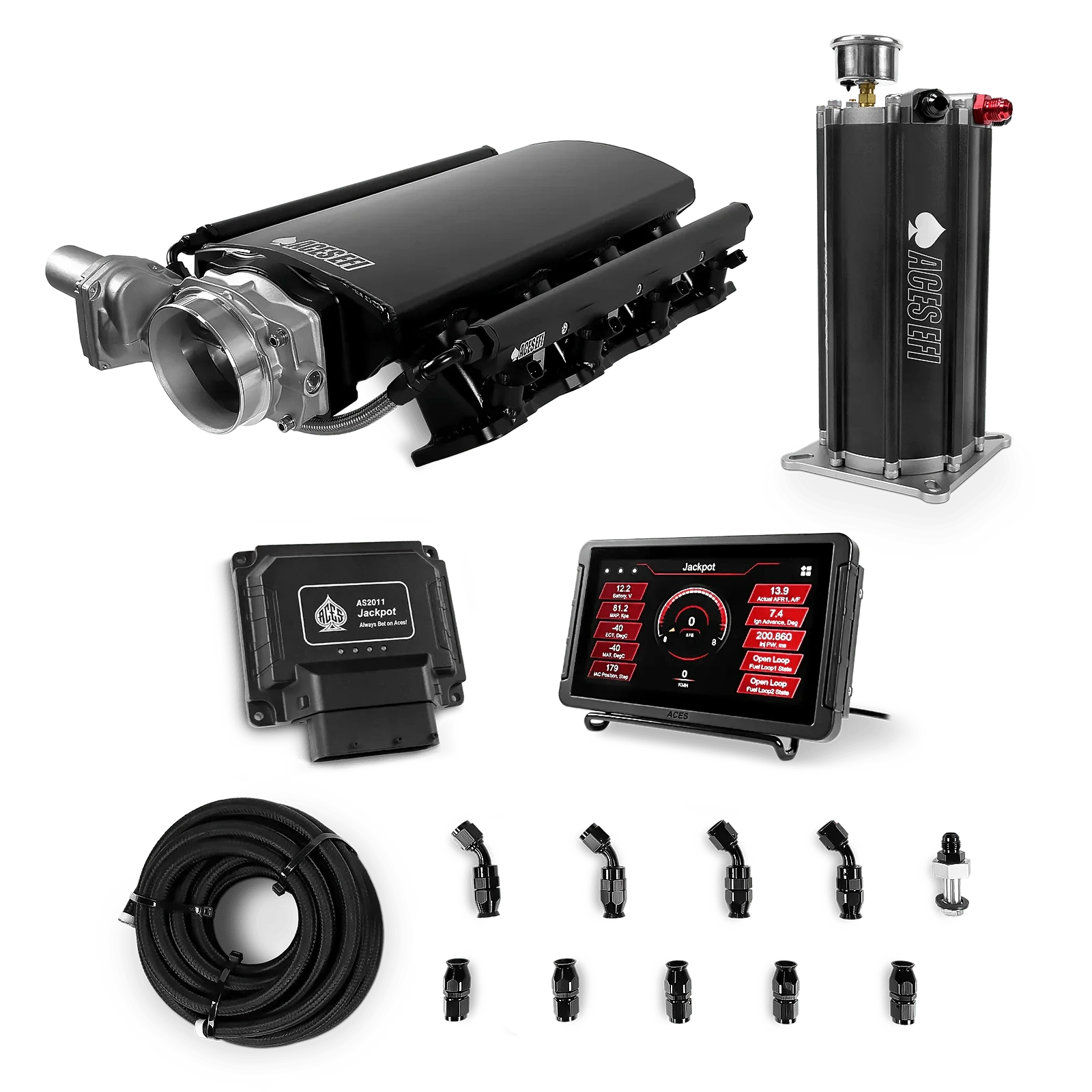 Aces Fuel Injection Jackpot Pro LS - DBW & Manual Trans / 500 HP LS3/LS92 Short Fabricated Intake / Rectangle Port Jackpot LS EFI System - Master Kit with Command Center 2 Surge Tank