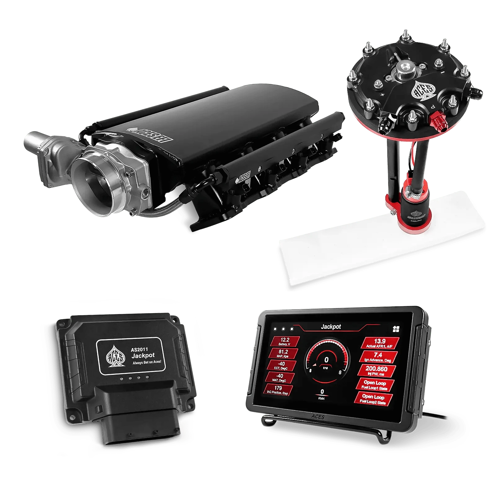 Aces Fuel Injection Jackpot Pro LS - DBW & Manual Trans / 500 HP LS3/LS92 Short Fabricated Intake / Rectangle Port Jackpot LS EFI System - Master Kit with Tank Conversion Pump Module with Internal Regulator