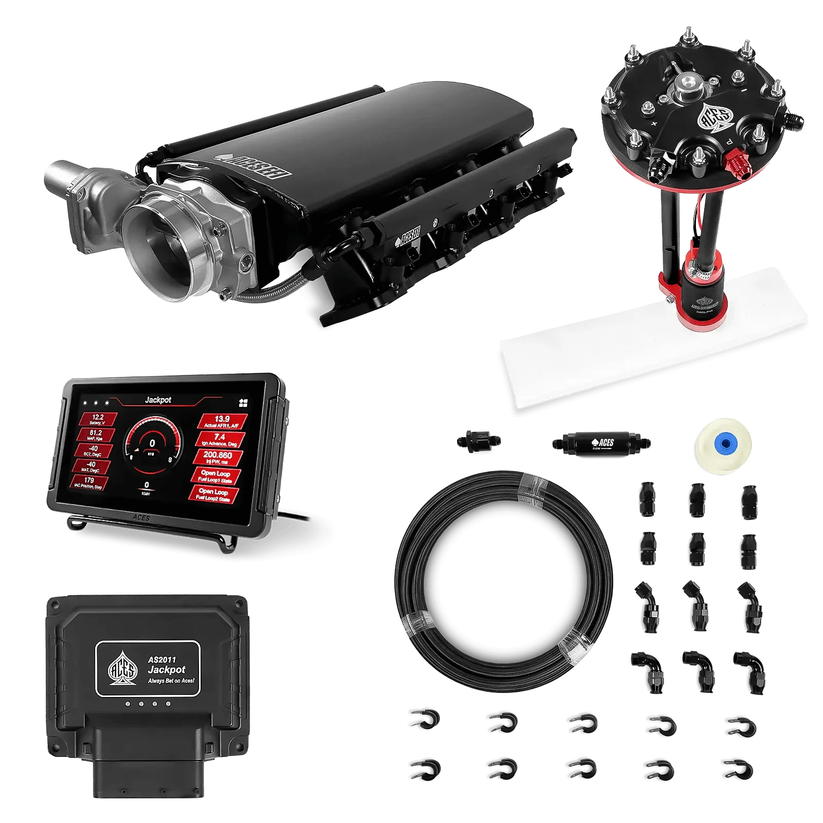 Aces Fuel Injection Jackpot Pro LS - DBW & Manual Trans / 500 HP LS3/LS92 Short Fabricated Intake / Rectangle Port Jackpot LS EFI System - Master Kit with Tank Conversion Pump Module with Internal Regulator + 20' PTFE Hose Kit