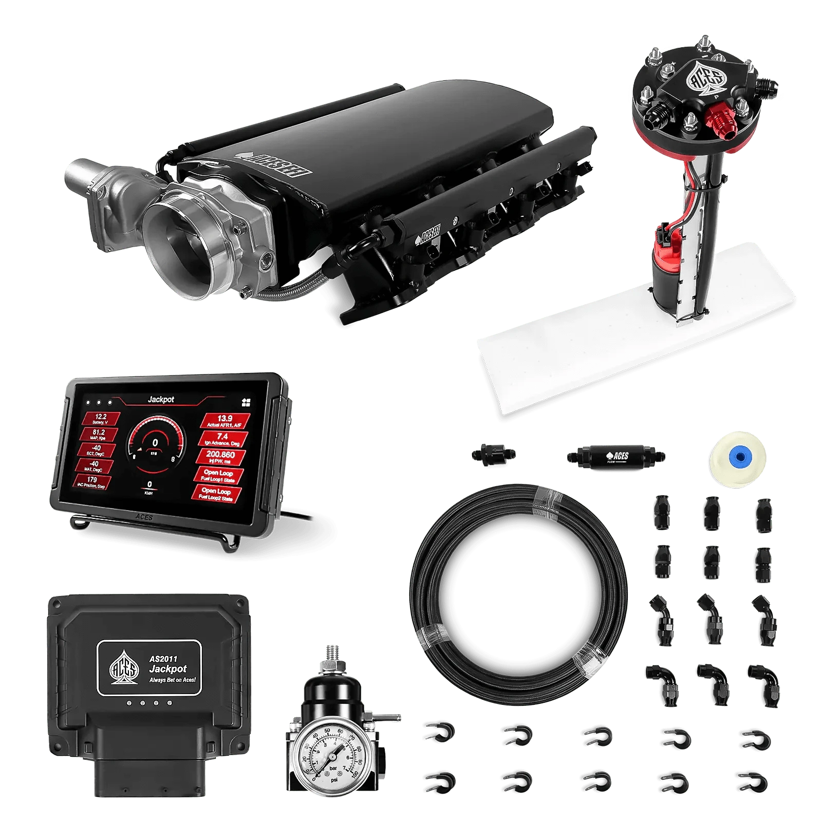 Aces Fuel Injection Jackpot Pro LS - DBW & Manual Trans / 500 HP LS3/LS92 Short Fabricated Intake / Rectangle Port Jackpot LS EFI System - Master Kit with Tight Fit In-Tank Pump Module + 40' PTFE Hose Kit