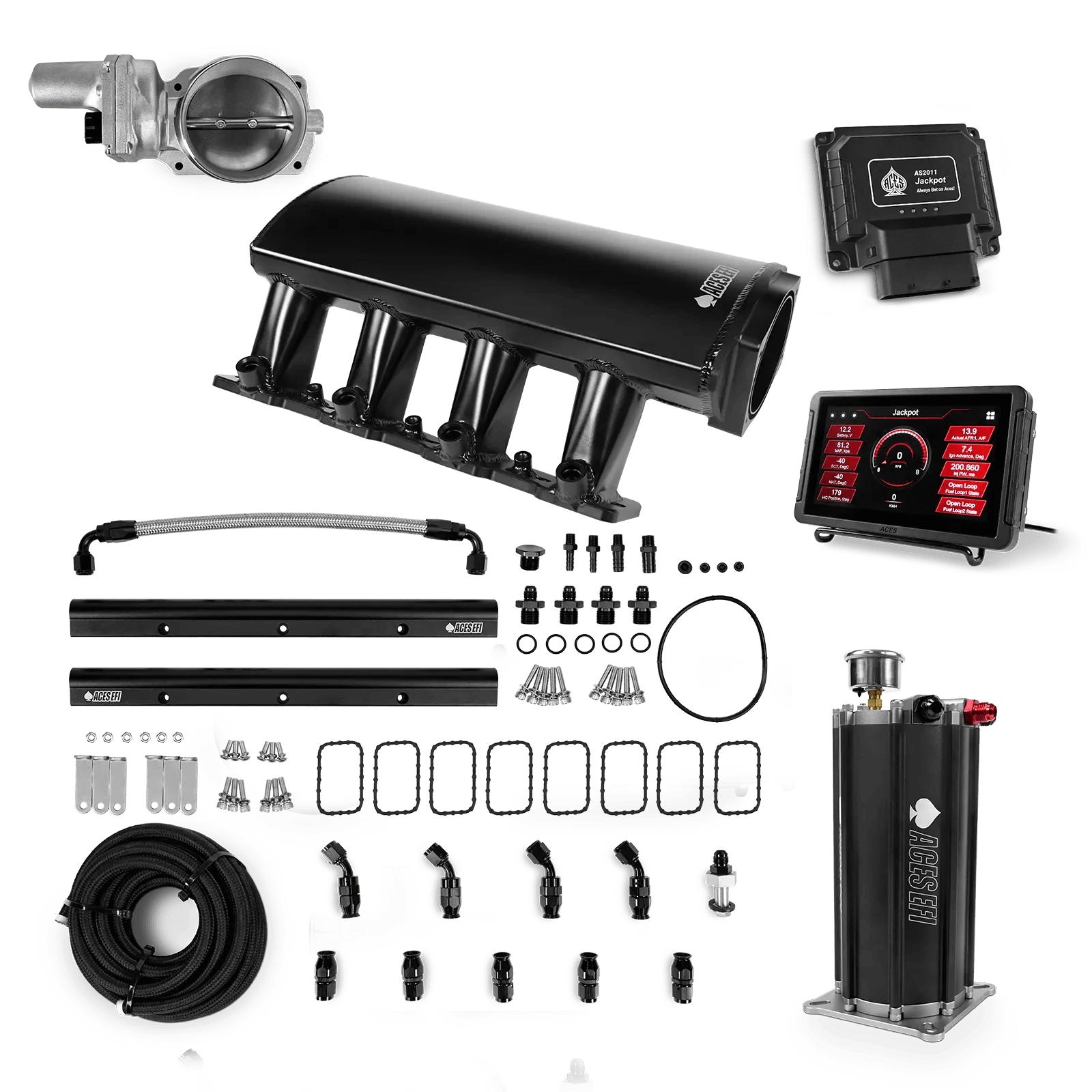 Aces Fuel Injection Jackpot Pro LS - DBW & Manual Trans / 500 HP LS7 Fabricated Intake / Large Rectangle Port Jackpot LS EFI System - Master Kit with Command Center 2 Surge Tank