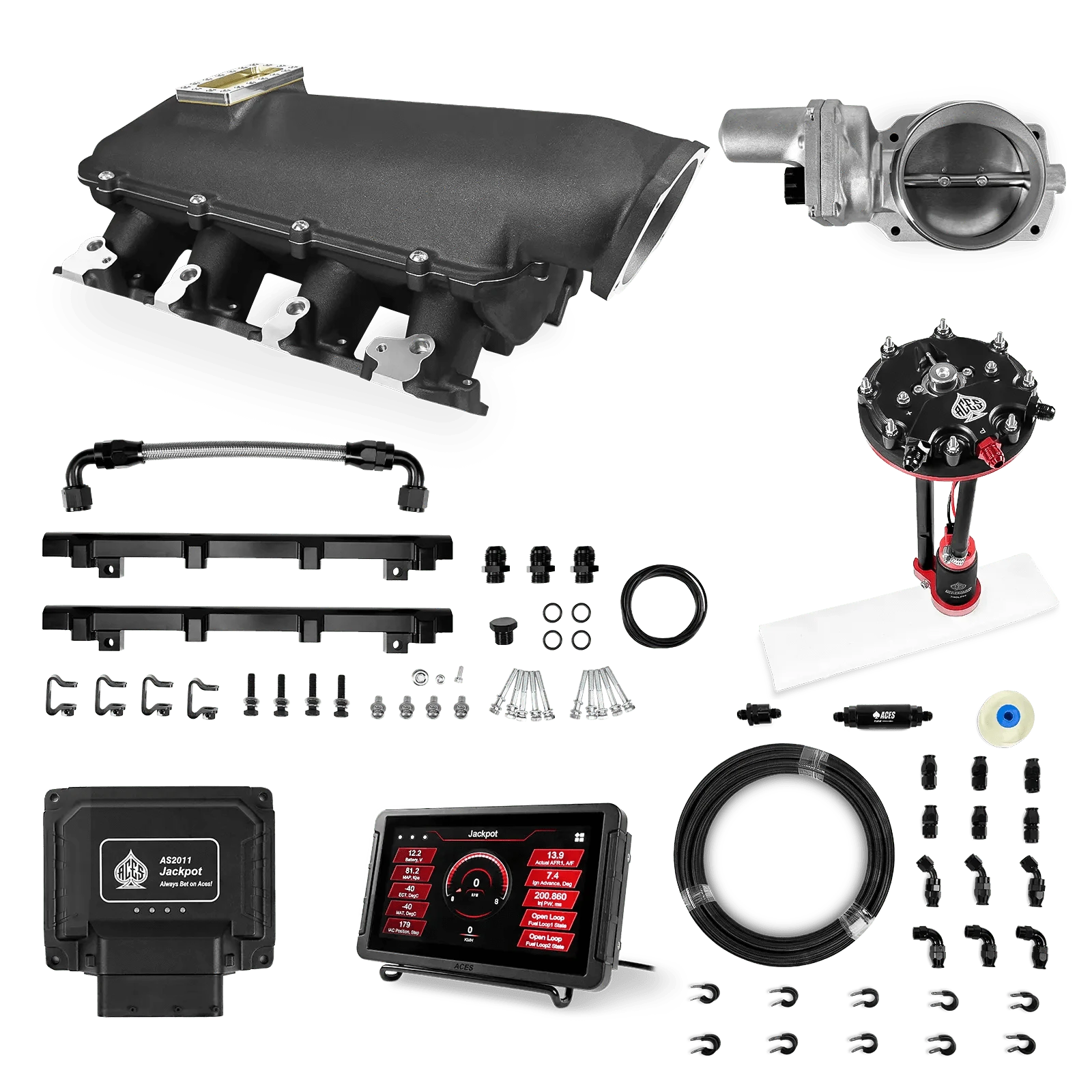 Aces Fuel Injection Jackpot Pro LS - DBW & Manual Trans / 800 HP LS1/LS2/LS6 Lo-Ram Intake (Black) / Cathedral Port Jackpot LS EFI System - Master Kit with Tank Conversion Pump Module with Internal Regulator + 20' PTFE Hose Kit