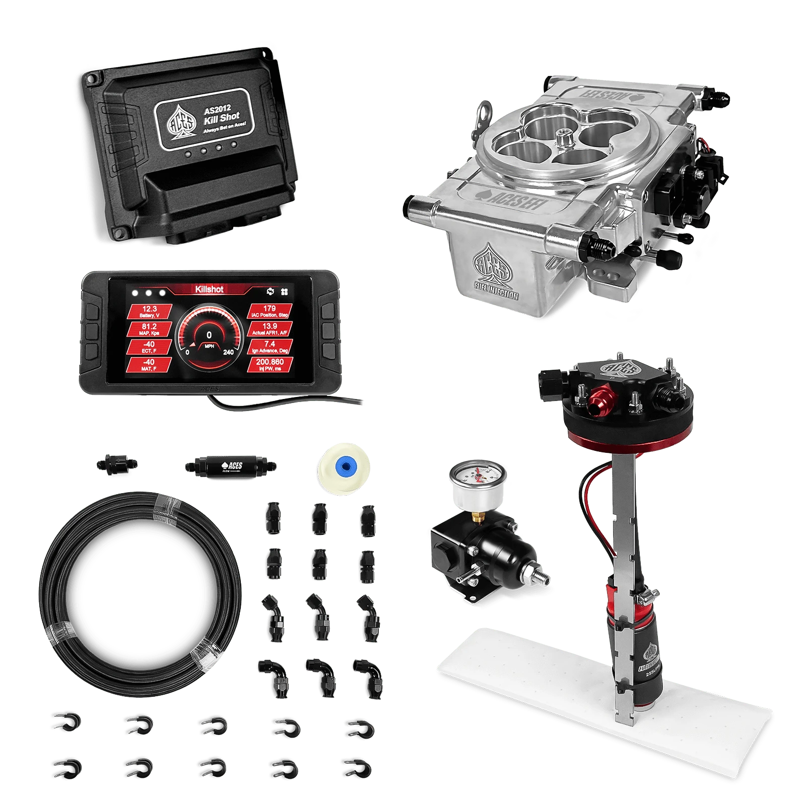 Aces Fuel Injection Polished / Tight Fit In-tank Pump Module & 40' PTFE Hose Kits (255 LPH) Killshot 4-BBl EFI Fuel Kits