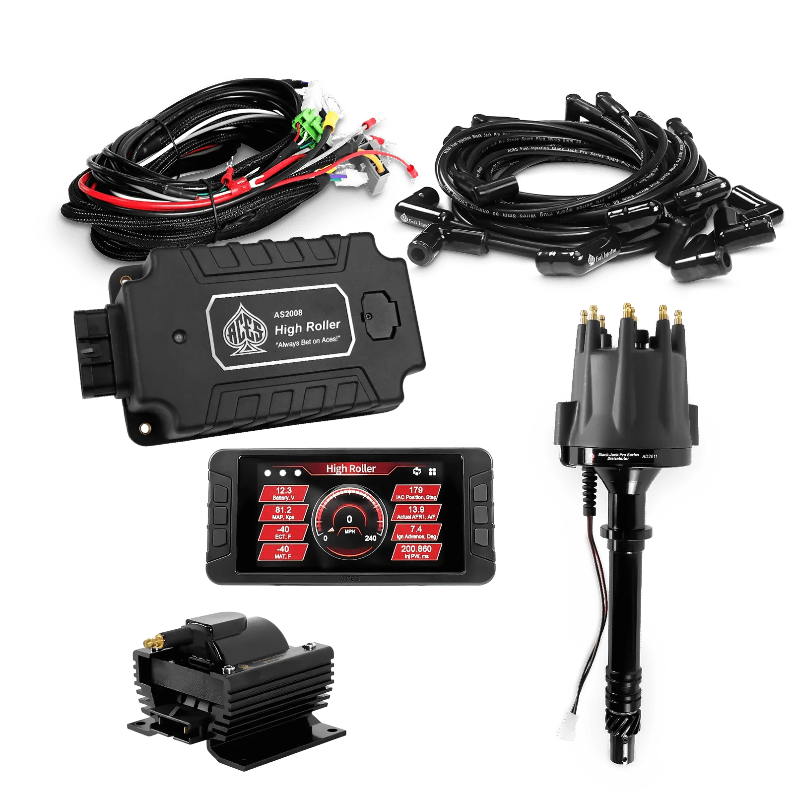 ACES Fuel Injection. SB/BB Chevy 90 Degree Boots High Roller Pro Ignition Package