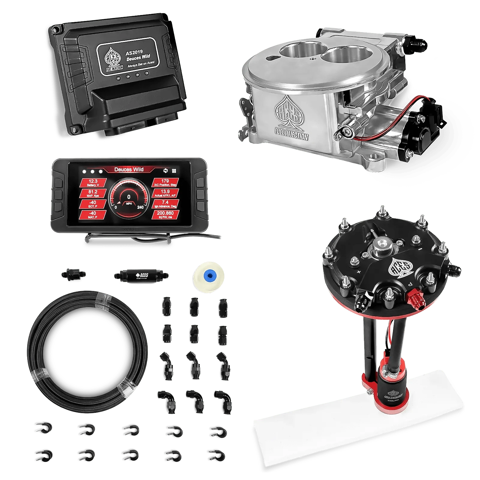 Aces Fuel Injection Tank Conversion Pump Module w/20' PTFE Hose / Polished Deuces Wild 2-bbl EFI Fuel Kits