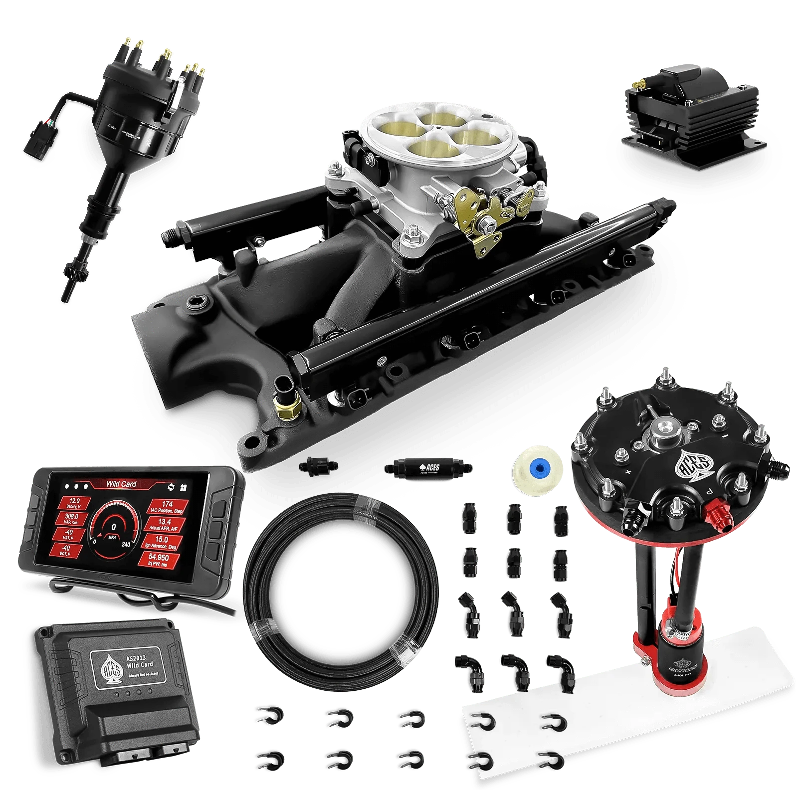 Aces Fuel Injection Tank Conversion Pump Module with Internal Regulator & 20' PTFE Hose Kits (340 LPH) / Black Manifold for 302 SBF Wild Card Sequential EFI Master Kits (500 HP)
