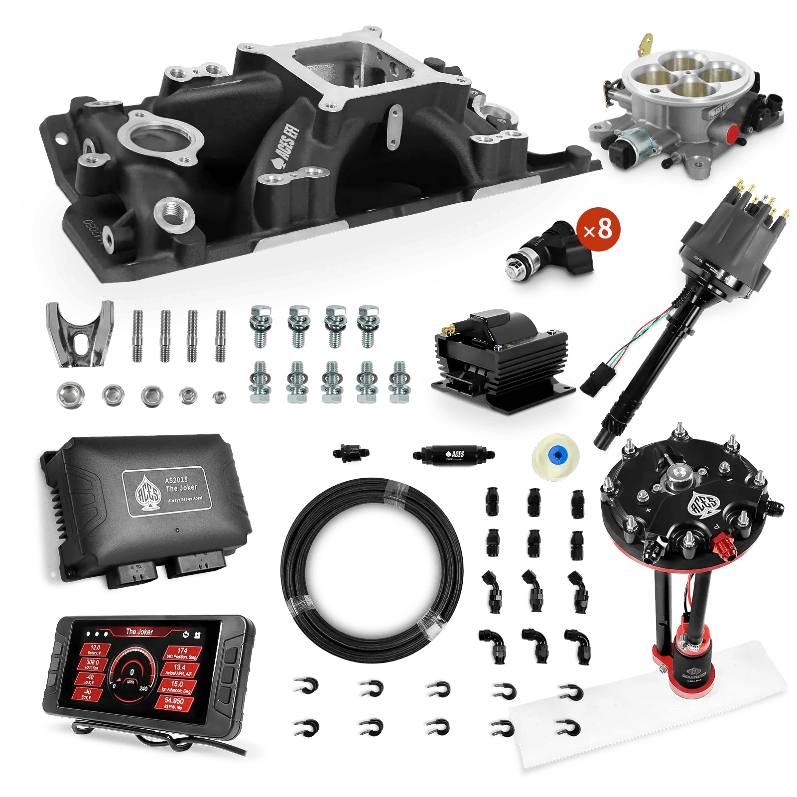 Aces Fuel Injection Tank Conversion Pump Module with Internal Regulator & 20' PTFE Hose Kits (340 LPH) / Black Manifold for SBC (non-vortec) The Joker Sequential EFI/CDI Master Kits (500 HP)