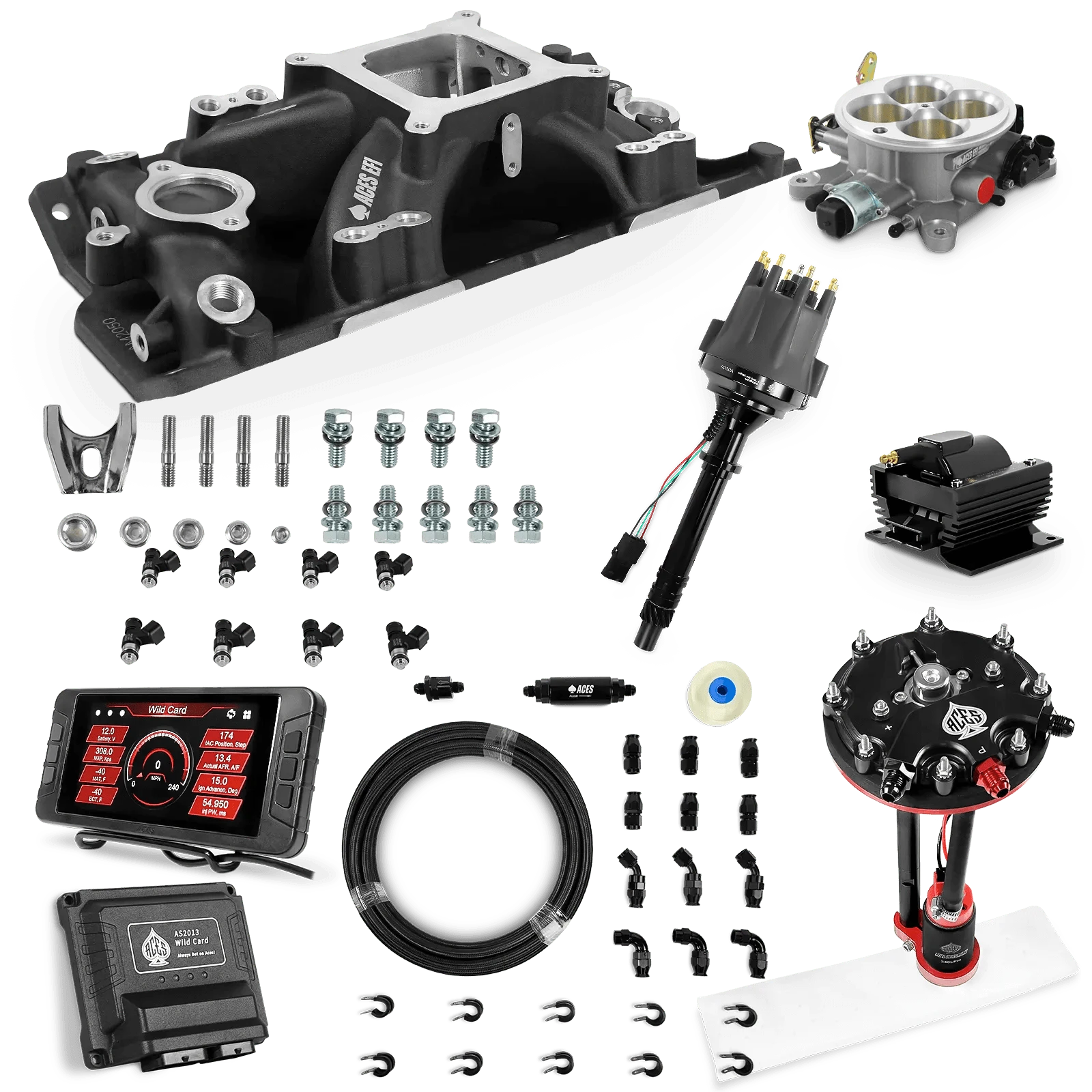 Aces Fuel Injection Tank Conversion Pump Module with Internal Regulator & 20' PTFE Hose Kits (340 LPH) / Black Manifold for SBC (non-vortec) Wild Card Sequential EFI Master Kits (500 HP)