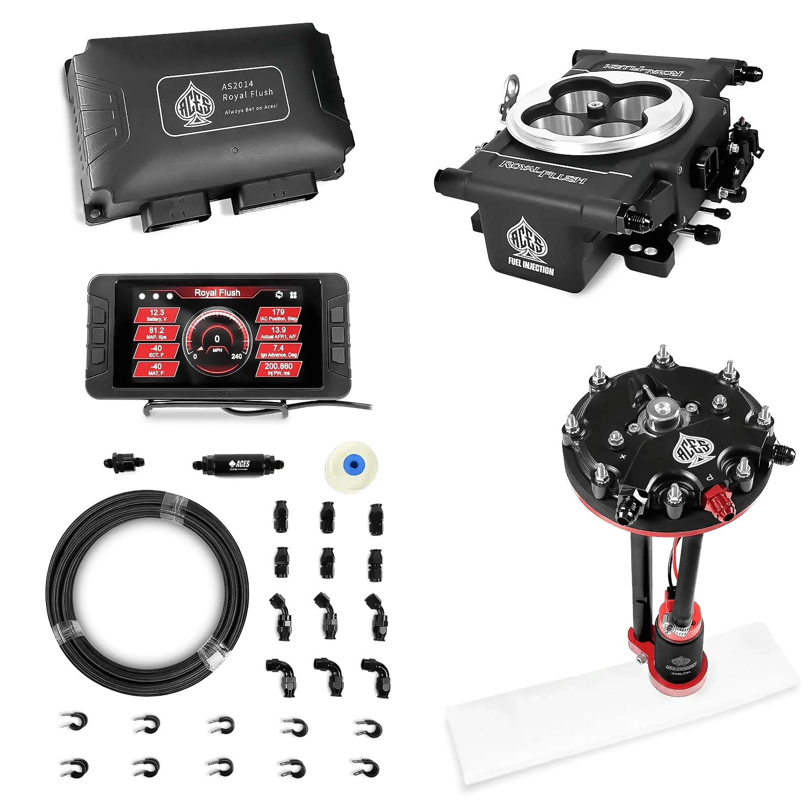 Aces Fuel Injection Tank Conversion Pump Module with Internal Regulator & 20' PTFE Hose Kits (340 LPH) / Black Royal Flush EFI/CDI w/Fuel Delivery System
