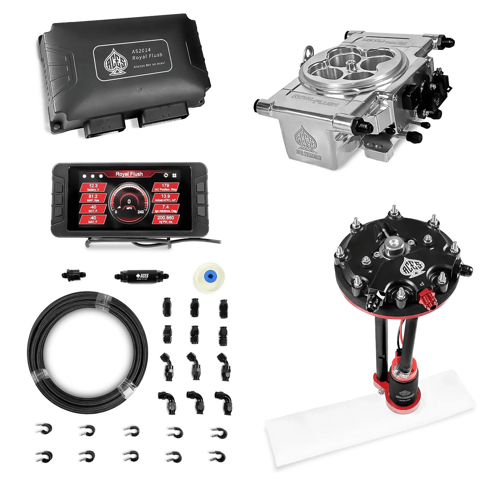 Aces Fuel Injection Tank Conversion Pump Module with Internal Regulator & 20' PTFE Hose Kits (340 LPH) / Polished Royal Flush EFI/CDI w/Fuel Delivery System