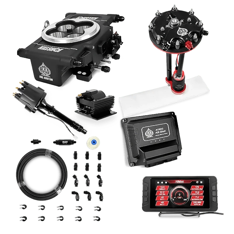 Aces Fuel Injection Tank Conversion Pump Module with Internal Regulator & 20' PTFE Hose Kits (340 LPH) / SB/BB Chevy Killshot 4-bbl EFI Master Kits (Black)