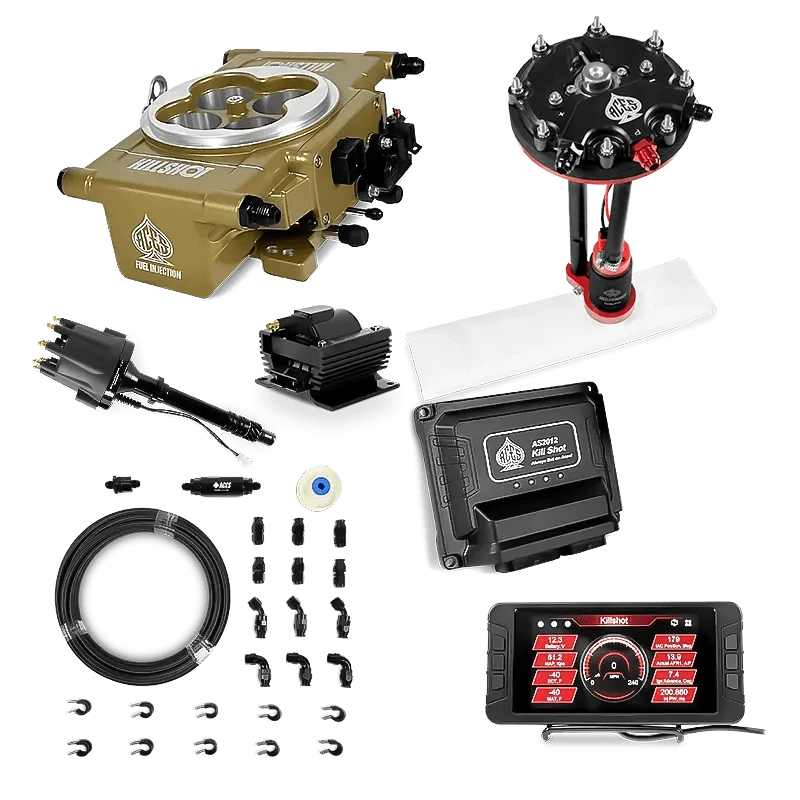 Aces Fuel Injection Tank Conversion Pump Module with Internal Regulator & 20' PTFE Hose Kits (340 LPH) / SB/BB Chevy Killshot EFI Master Kits (Gold)