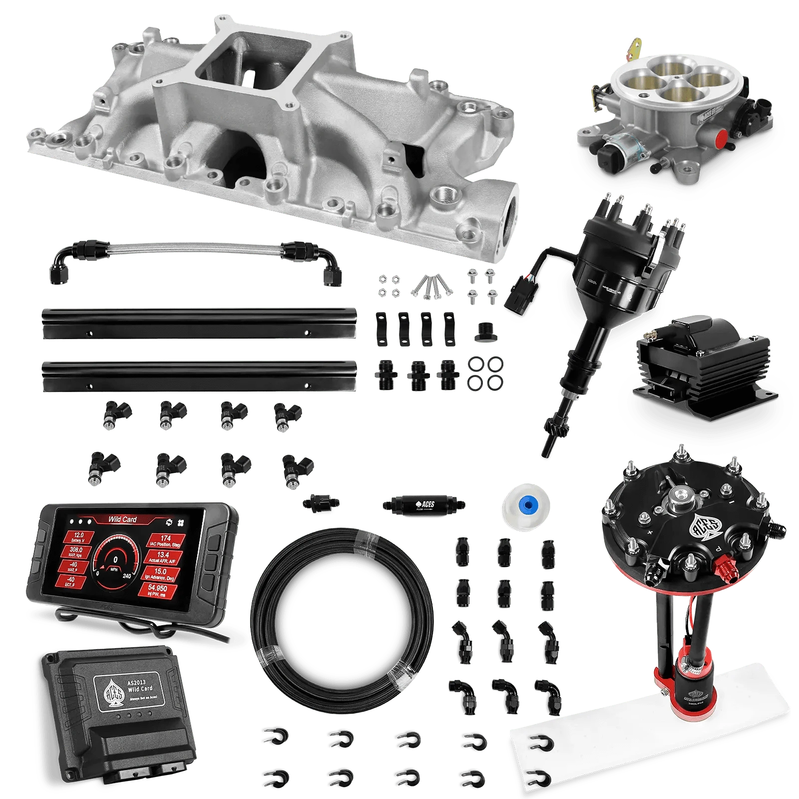 Aces Fuel Injection Tank Conversion Pump Module with Internal Regulator & 20' PTFE Hose Kits (340 LPH) / Silver Manifold for 302 SBF Wild Card Sequential EFI Master Kits (500 HP)
