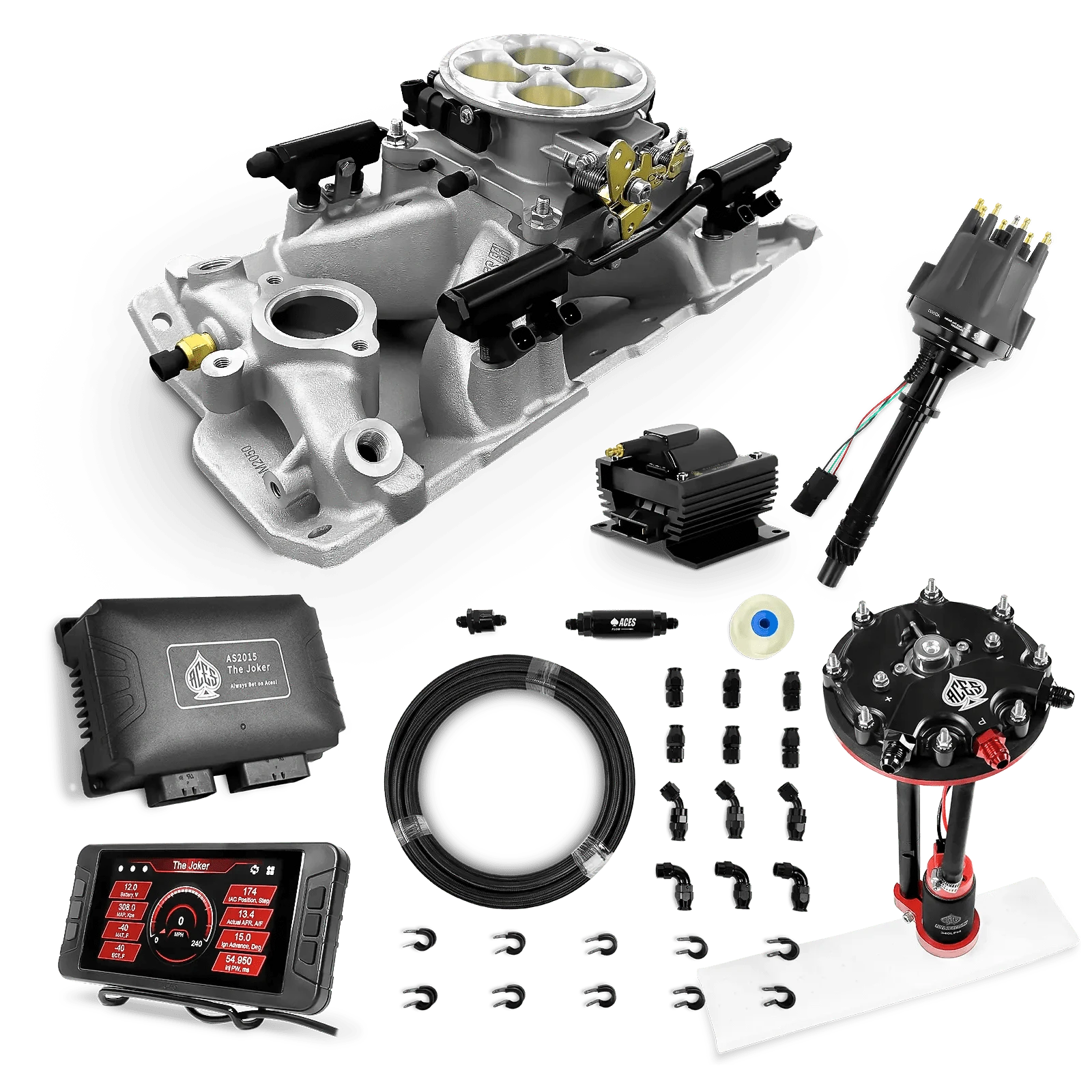 Aces Fuel Injection Tank Conversion Pump Module with Internal Regulator & 20' PTFE Hose Kits (340 LPH) / Silver Manifold for SBC (non-vortec) The Joker Sequential EFI/CDI Master Kits (500 HP)