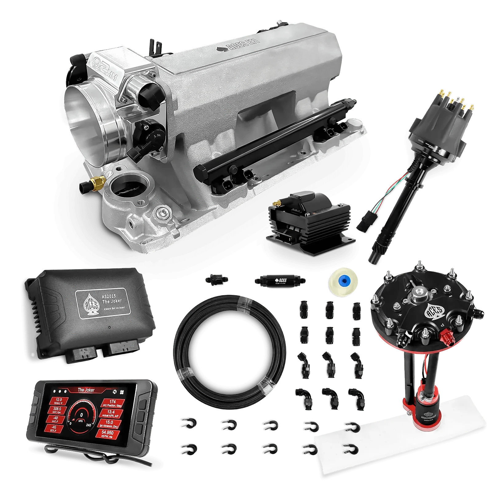 Aces Fuel Injection Tank Conversion Pump Module with Internal Regulator & 20' PTFE Hose Kits (340 LPH) / Silver Tunnel Ram Manifold for SBC (non-vortec) The Joker Sequential EFI/CDI Master Kits (500 HP)