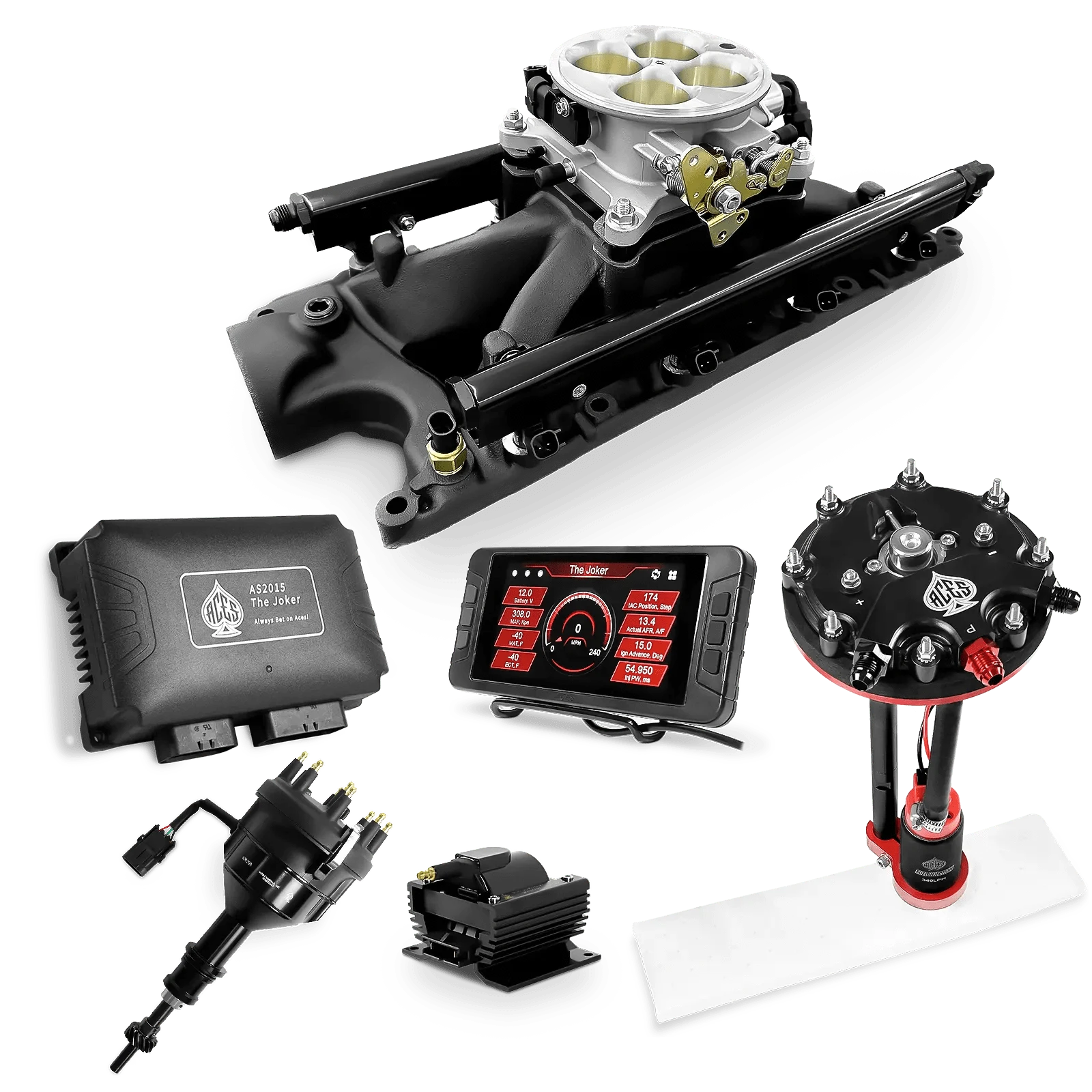 Aces Fuel Injection Tank Conversion Pump Module with Internal Regulator (340 LPH) / Black Manifold for 302 SBF The Joker Sequential EFI/CDI Master Kits (500 HP)