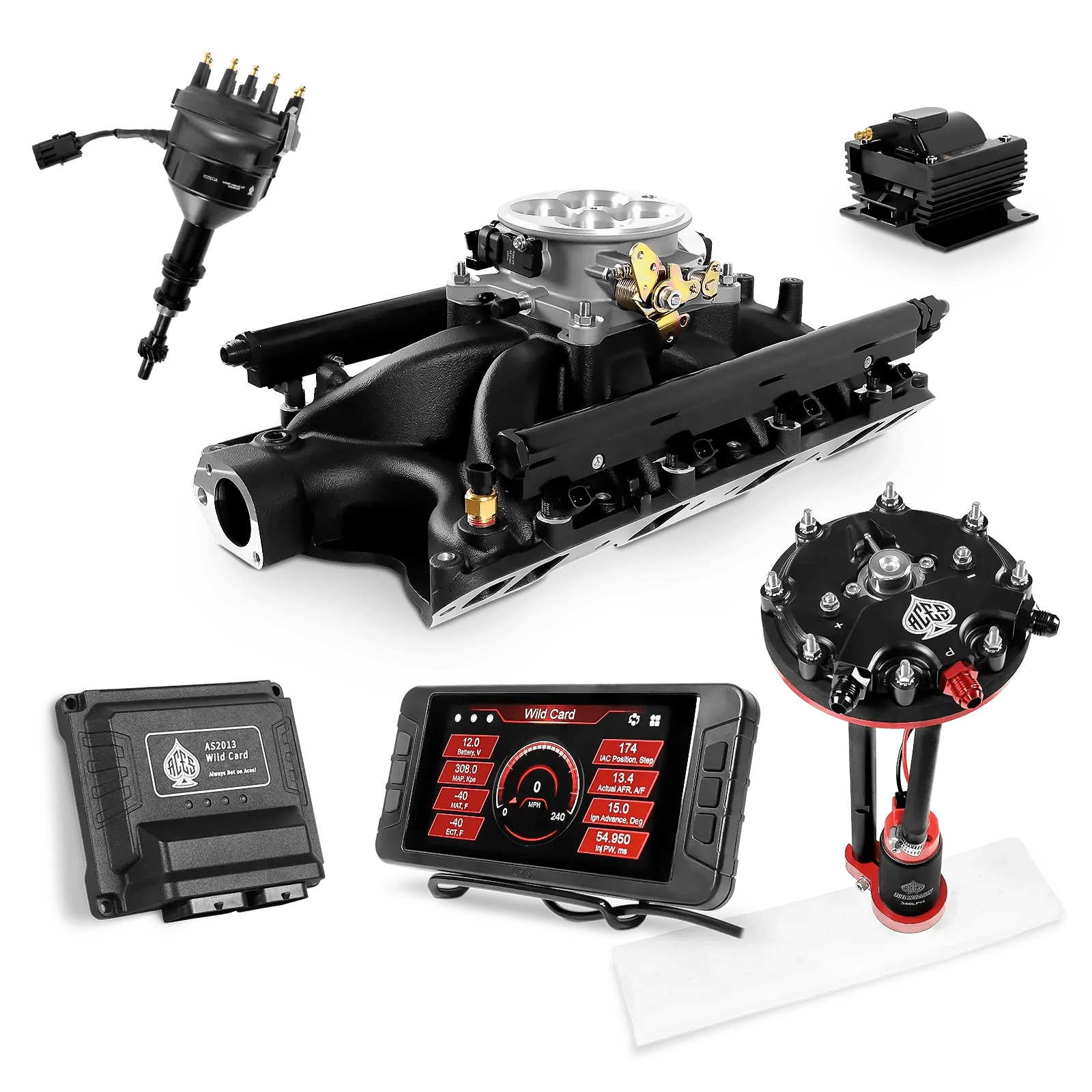 Aces Fuel Injection Tank Conversion Pump Module with Internal Regulator (340 LPH) / Black Manifold for 351W SBF Wild Card Sequential EFI Master Kits (500 HP)