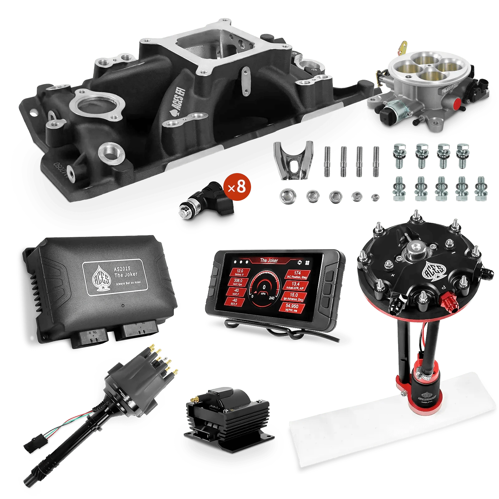 Aces Fuel Injection Tank Conversion Pump Module with Internal Regulator (340 LPH) / Black Manifold for SBC (non-vortec) The Joker Sequential EFI/CDI Master Kits (500 HP)