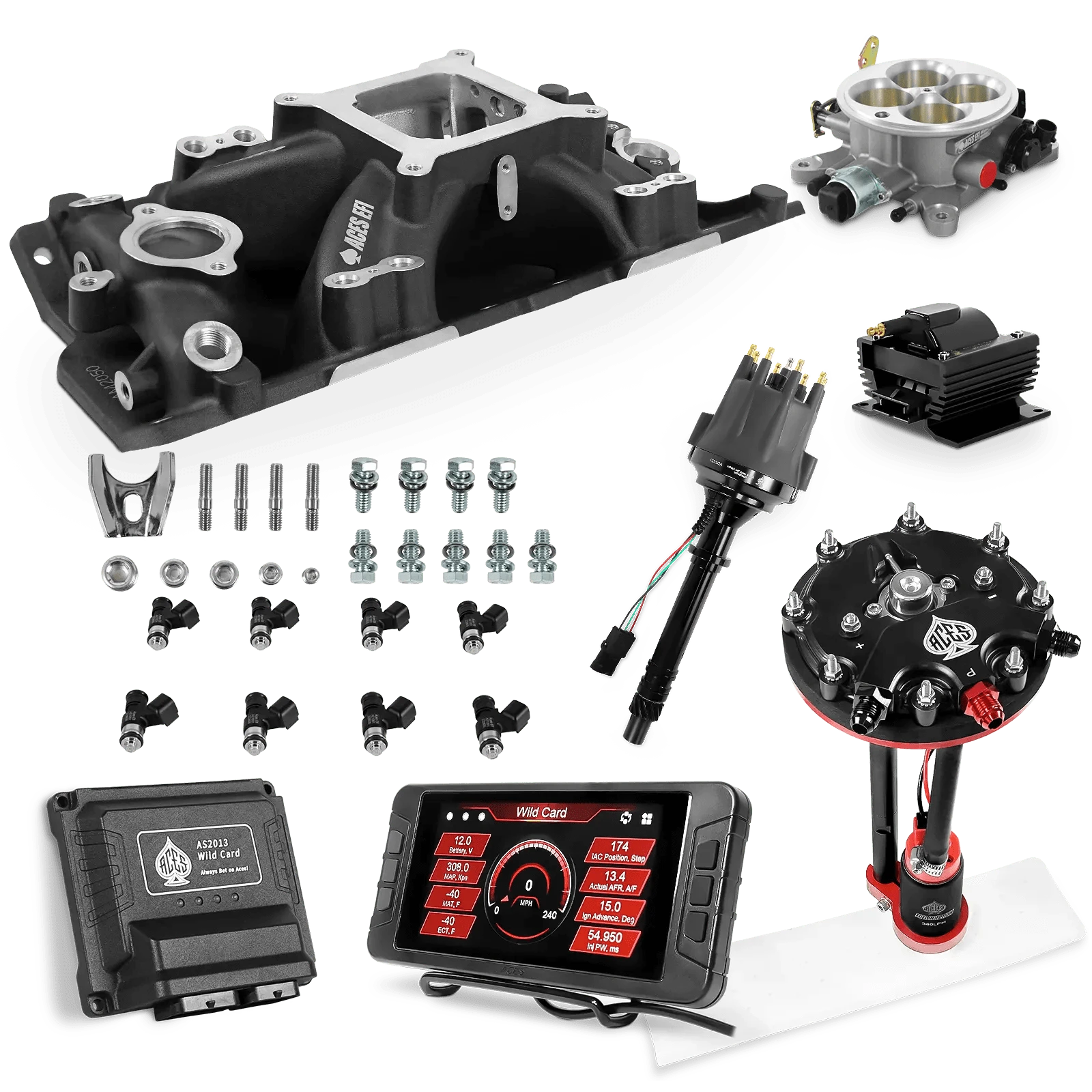 Aces Fuel Injection Tank Conversion Pump Module with Internal Regulator (340 LPH) / Black Manifold for SBC (non-vortec) Wild Card Sequential EFI Master Kits (500 HP)