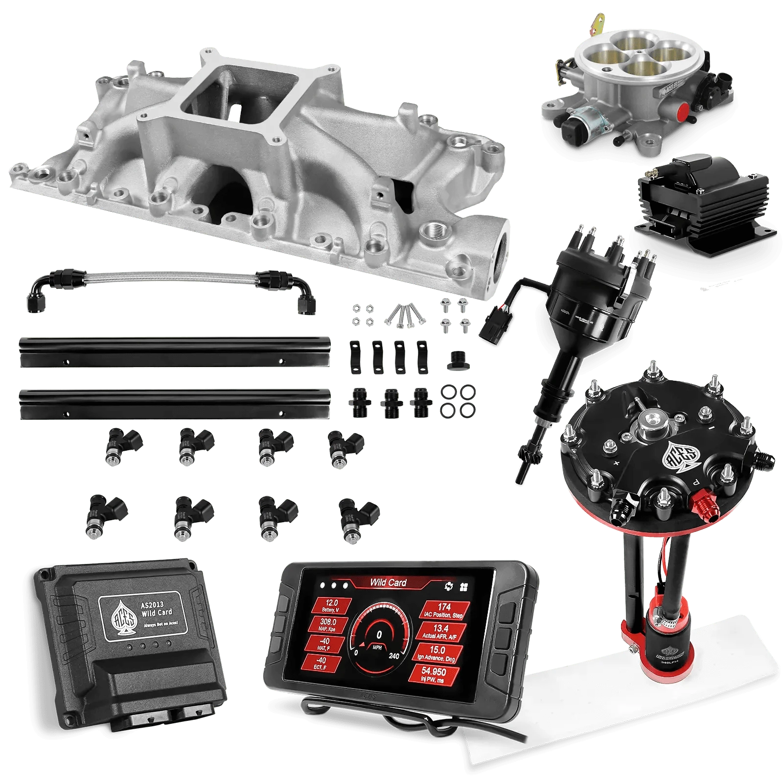 Aces Fuel Injection Tank Conversion Pump Module with Internal Regulator (340 LPH) / Silver Manifold for 302 SBF Wild Card Sequential EFI Master Kits (500 HP)