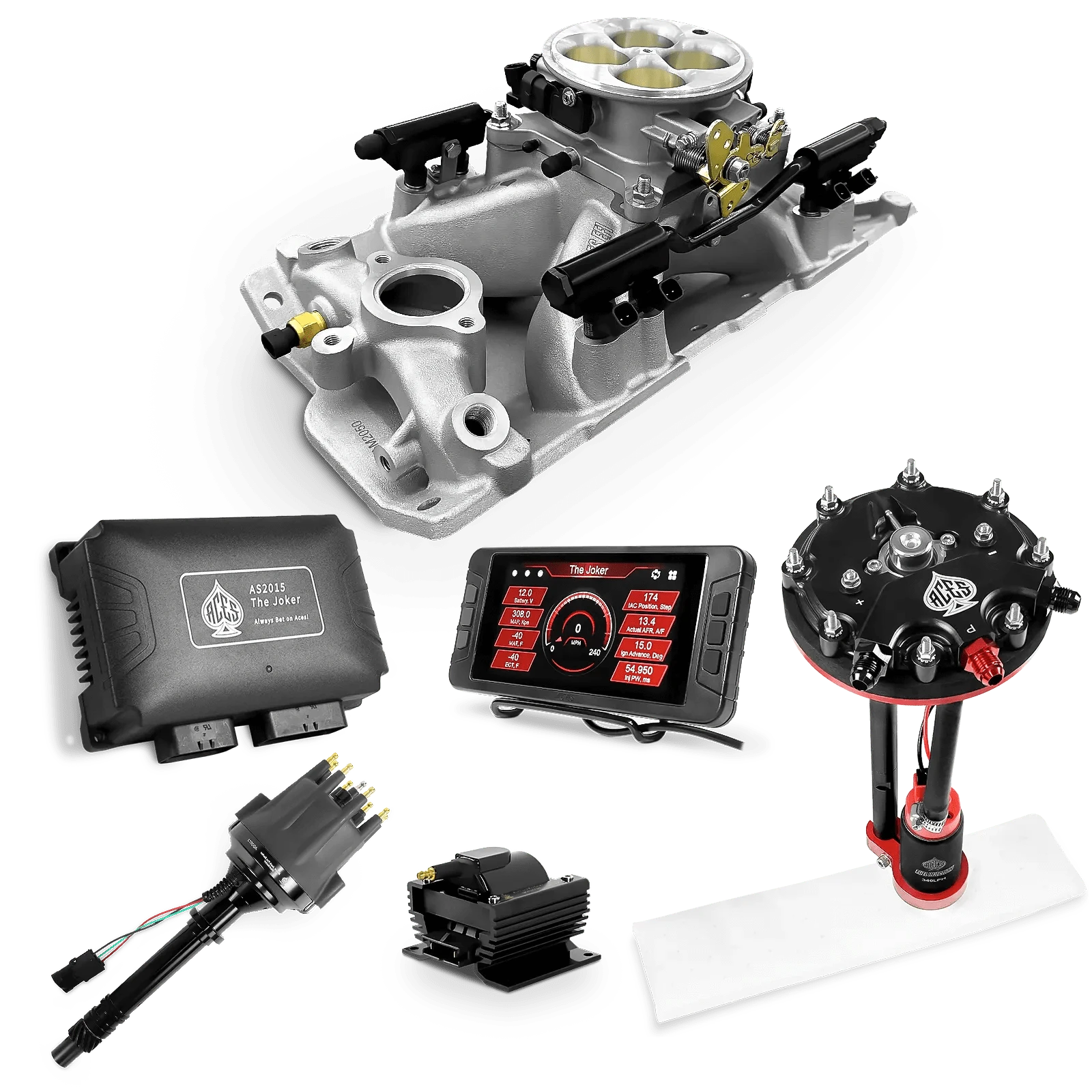 Aces Fuel Injection Tank Conversion Pump Module with Internal Regulator (340 LPH) / Silver Manifold for SBC (non-vortec) The Joker Sequential EFI/CDI Master Kits (500 HP)