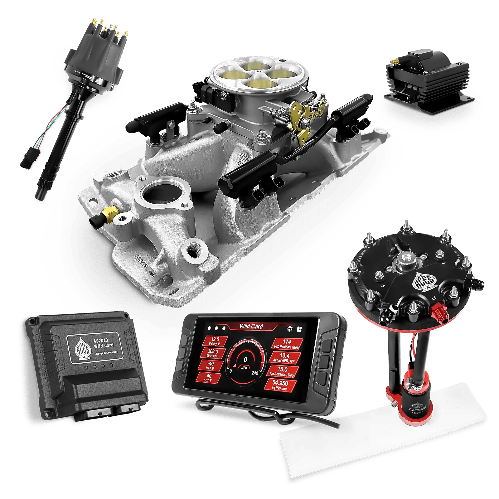 Aces Fuel Injection Tank Conversion Pump Module with Internal Regulator (340 LPH) / Silver Manifold for SBC (non-vortec) Wild Card Sequential EFI Master Kits (500 HP)