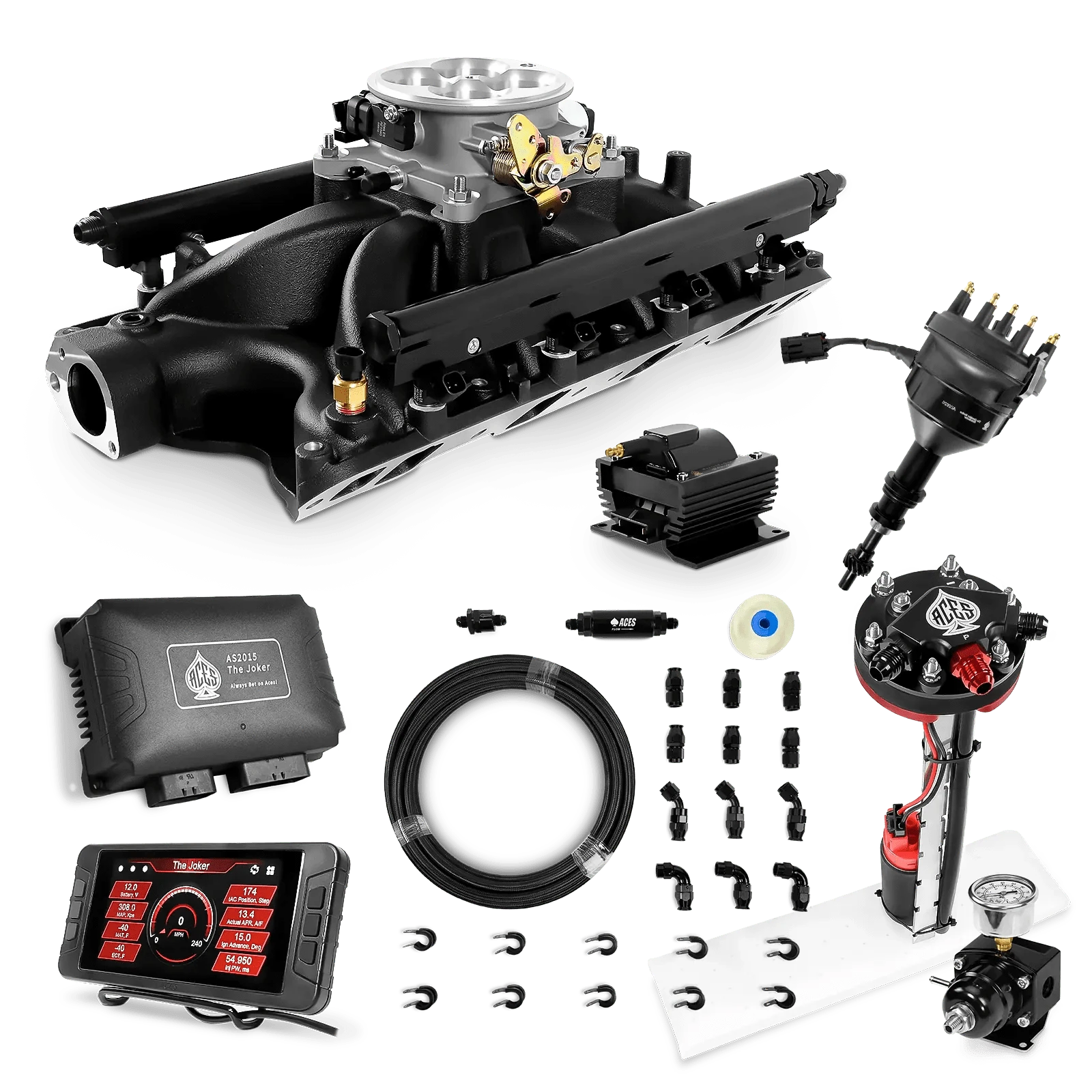 Aces Fuel Injection Tight Fit In-tank Pump Module & 40' PTFE Hose Kits (255 LPH) / Black Manifold for 351W SBF The Joker Sequential EFI/CDI Master Kits (500 HP)
