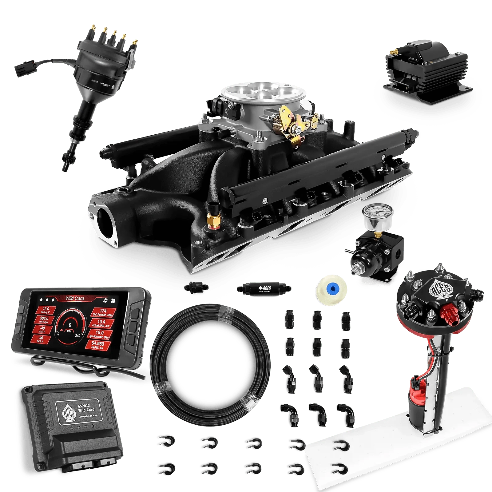 Aces Fuel Injection Tight Fit In-tank Pump Module & 40' PTFE Hose Kits (255 LPH) / Black Manifold for 351W SBF Wild Card Sequential EFI Master Kits (500 HP)