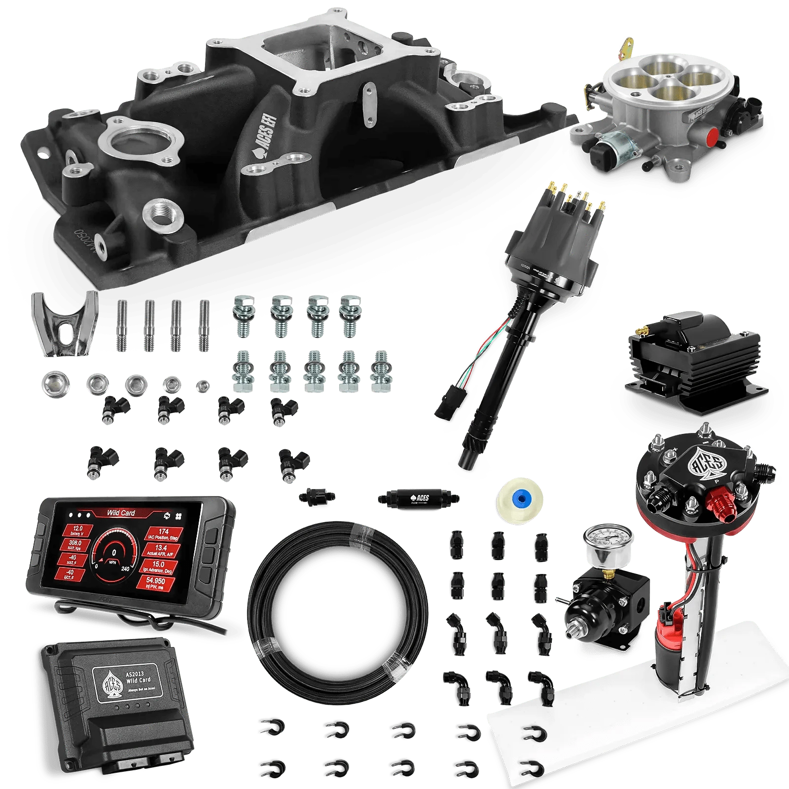 Aces Fuel Injection Tight Fit In-tank Pump Module & 40' PTFE Hose Kits (255 LPH) / Black Manifold for SBC (non-vortec) Wild Card Sequential EFI Master Kits (500 HP)