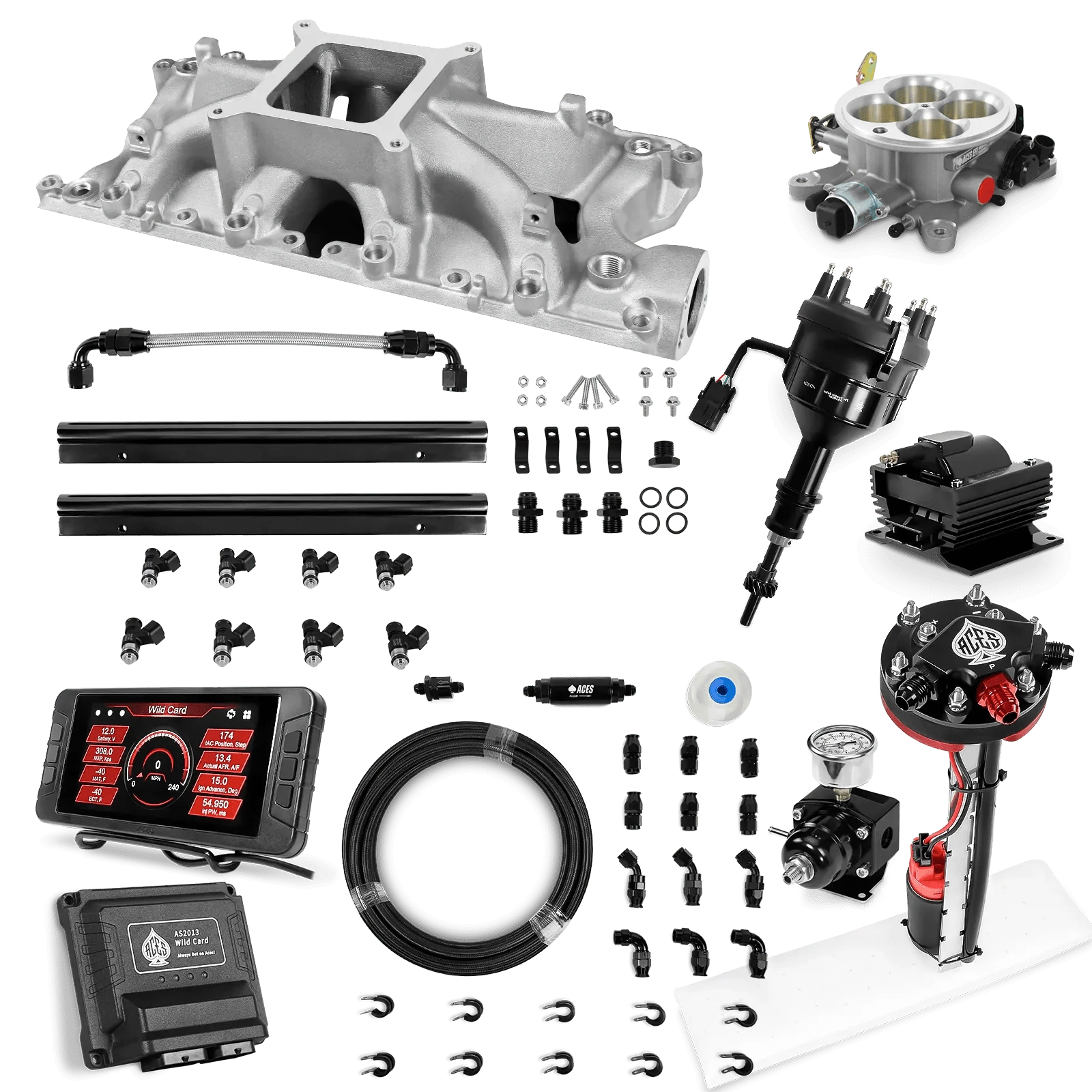 Aces Fuel Injection Tight Fit In-tank Pump Module & 40' PTFE Hose Kits (255 LPH) / Silver Manifold for 302 SBF Wild Card Sequential EFI Master Kits (500 HP)