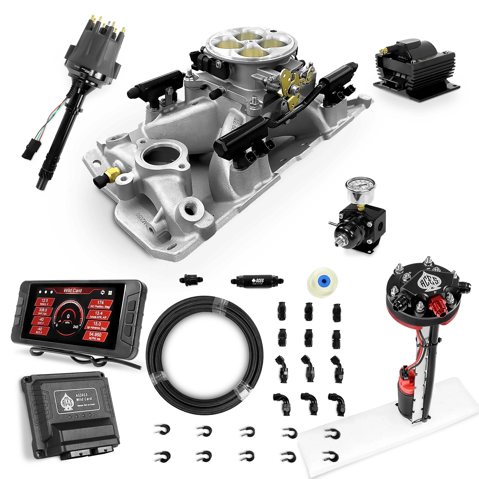 Aces Fuel Injection Tight Fit In-tank Pump Module & 40' PTFE Hose Kits (255 LPH) / Silver Manifold for SBC (non-vortec) Wild Card Sequential EFI Master Kits (500 HP)